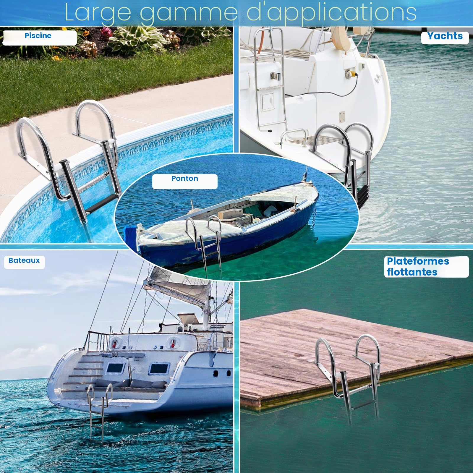 KAOLALI Échelle de bateau 4 marches Échelle de piscine en acier inoxydable, échelle de bain pour bateau pliable télescopique avec grandes poignées et larges échelons Capacité de charge 227 kg pour