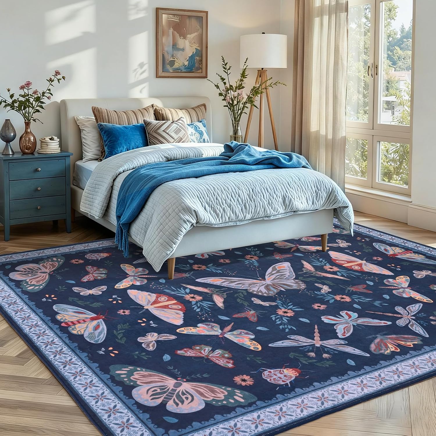 BLEUM CADE 5x7 Blue Butterfly Rugs for Bedroom, Machine Washable Rug image 5