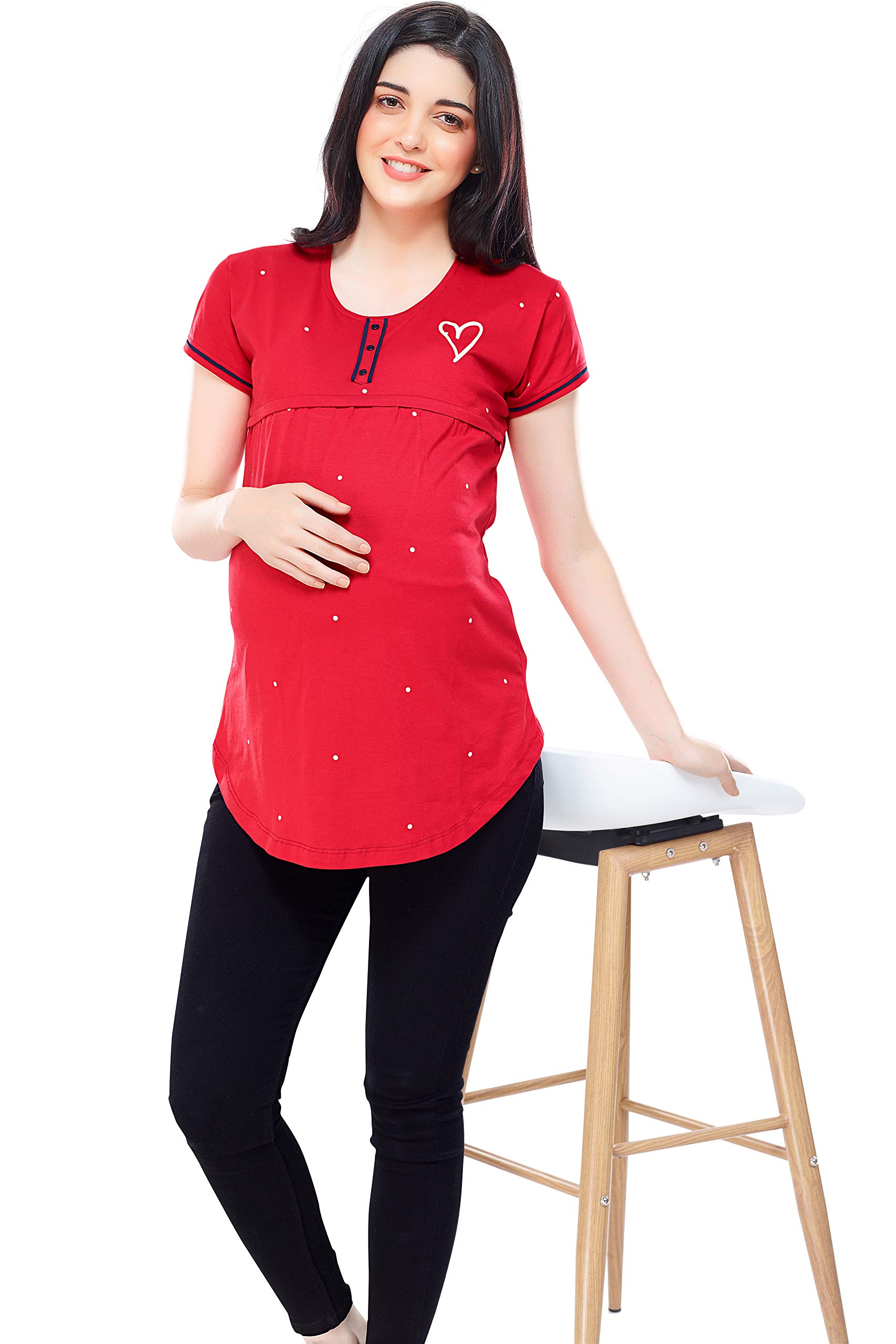 ZEYO Women's Regular Fit Cotton Maternity Top Dot Print Red Feeding Tshirt 5342 Large 3