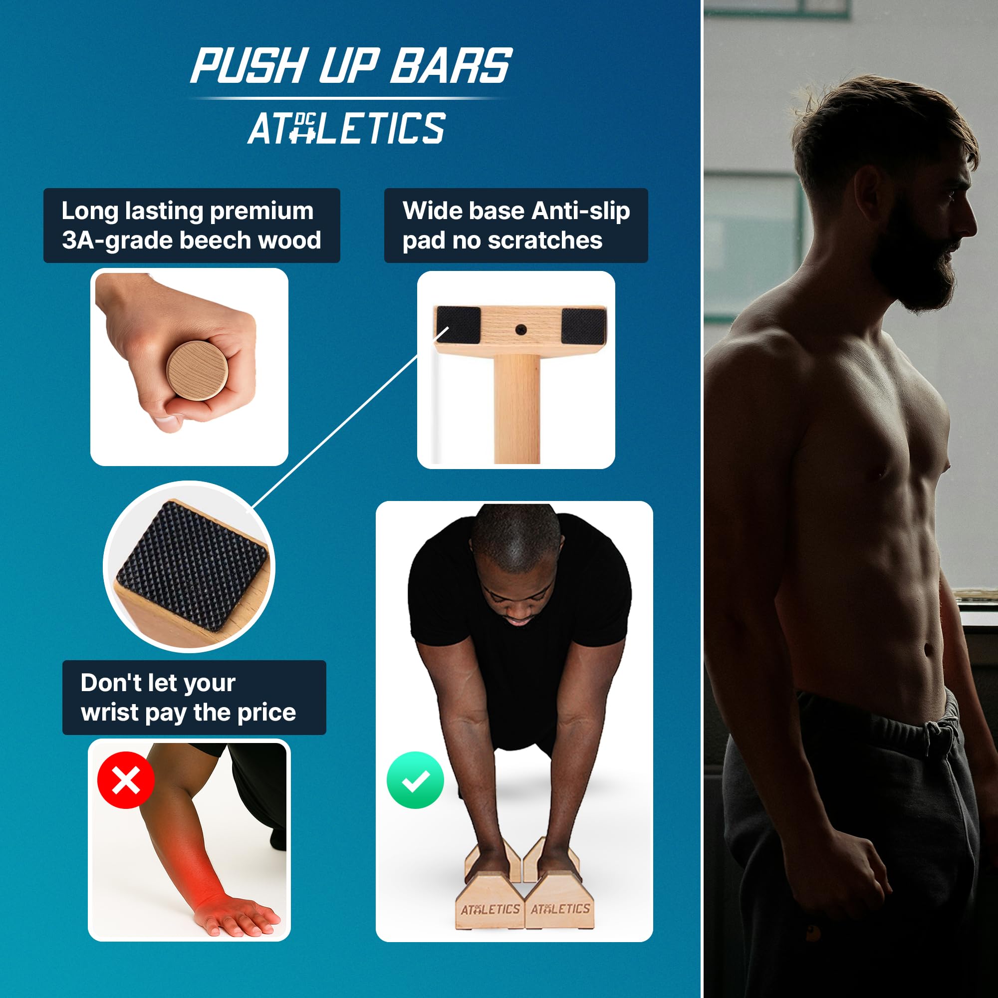 DC ATHLETICS® -Parallettes – Wooden Push Up Bars for Calisthenics, Handstand, Planche & Floor Exercises – Sturdy Basebar with Anti-Slip Pads