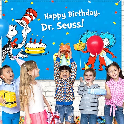 Miniatura 5 de Decoraciones de fiesta de cumpleaños del Dr. Seu, pancarta de fondo de feliz cumpleaños de 5 x 3 pies, fondo de fotos azul y rojo para niños y