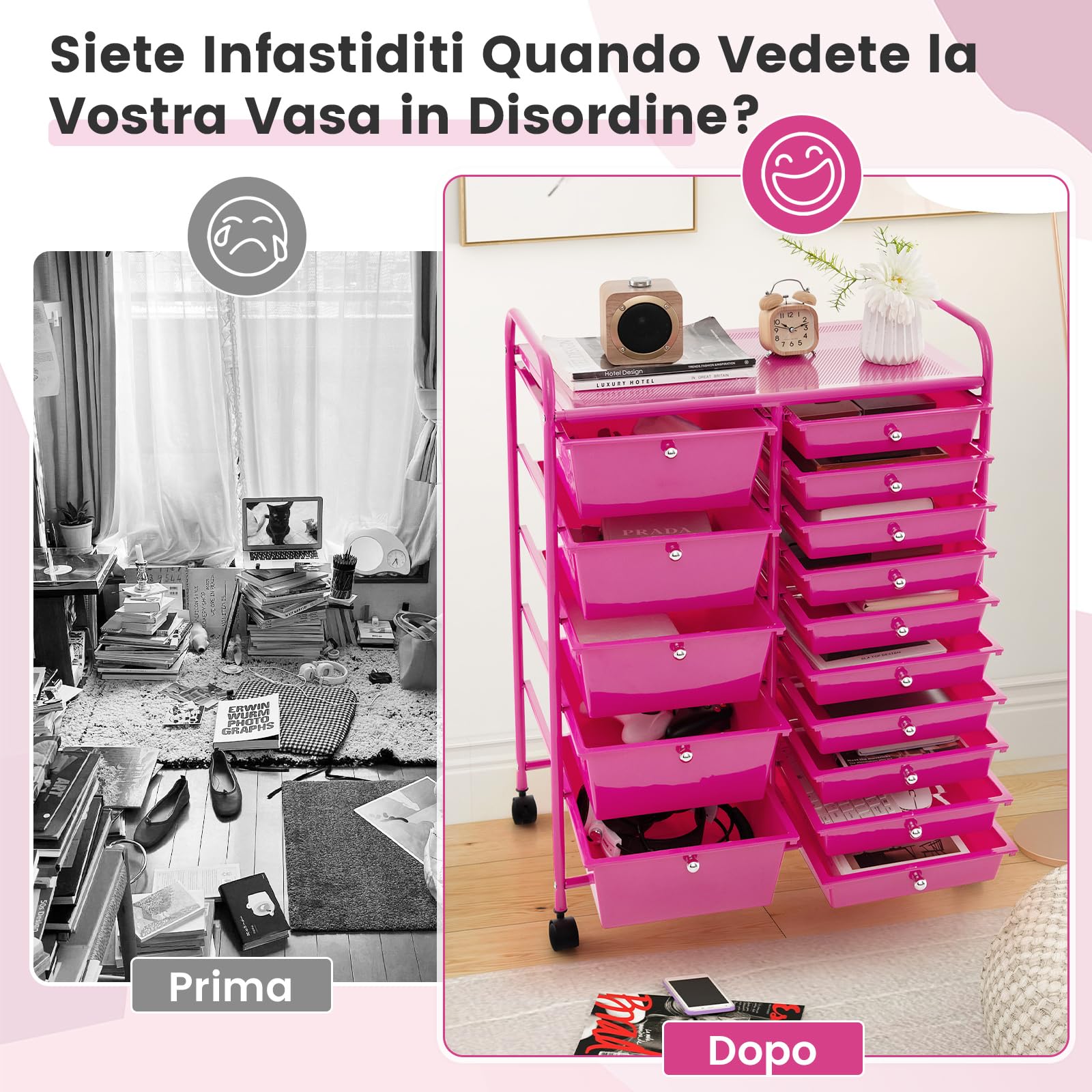 GIANTEX Carrelli Porta Oggetti, con 10+5 Cassetti Impilabili, 2 Ruote Bloccabili, Braccioli Metallici, Portabile e Pratico, per Ufficio, Studio, Cucina,Bagno, 5 Colori Disponibili, 62,5x37x87 cm