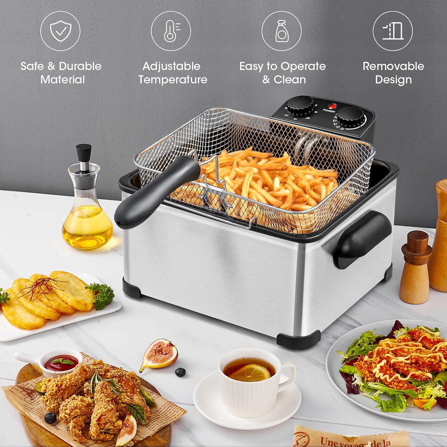 Giantex 1700W Electric Deep Fryer with 3 Baskets, 5.3QT/21-Cup Frier Cookers Home Fryer, Large Oil Container, Lid with View Window, Adjustable Temperature and Timer, Family Kitchen Restaurant Use