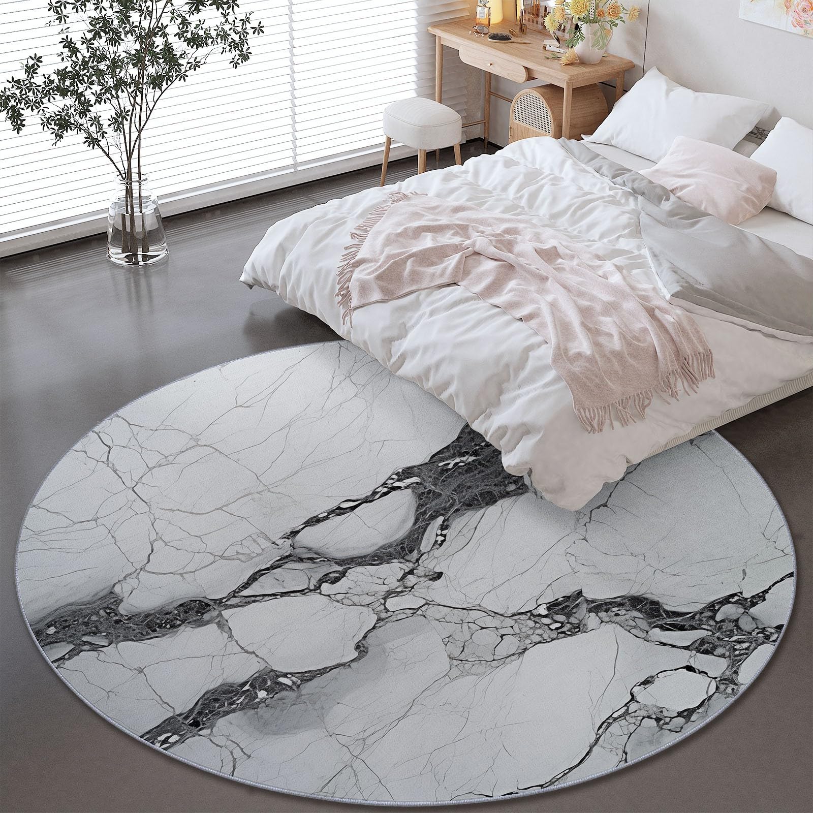Grau Runder Teppiche Wohnzimmer 150 cm, Waschbar & Rutschfester Weicher Kurzflor Teppich Schlafzimme, Stilvoll Wasserwellenmuster Elegant Marmormuster Teppich Rund für Kinderzimmer, Esszimmer, Büro