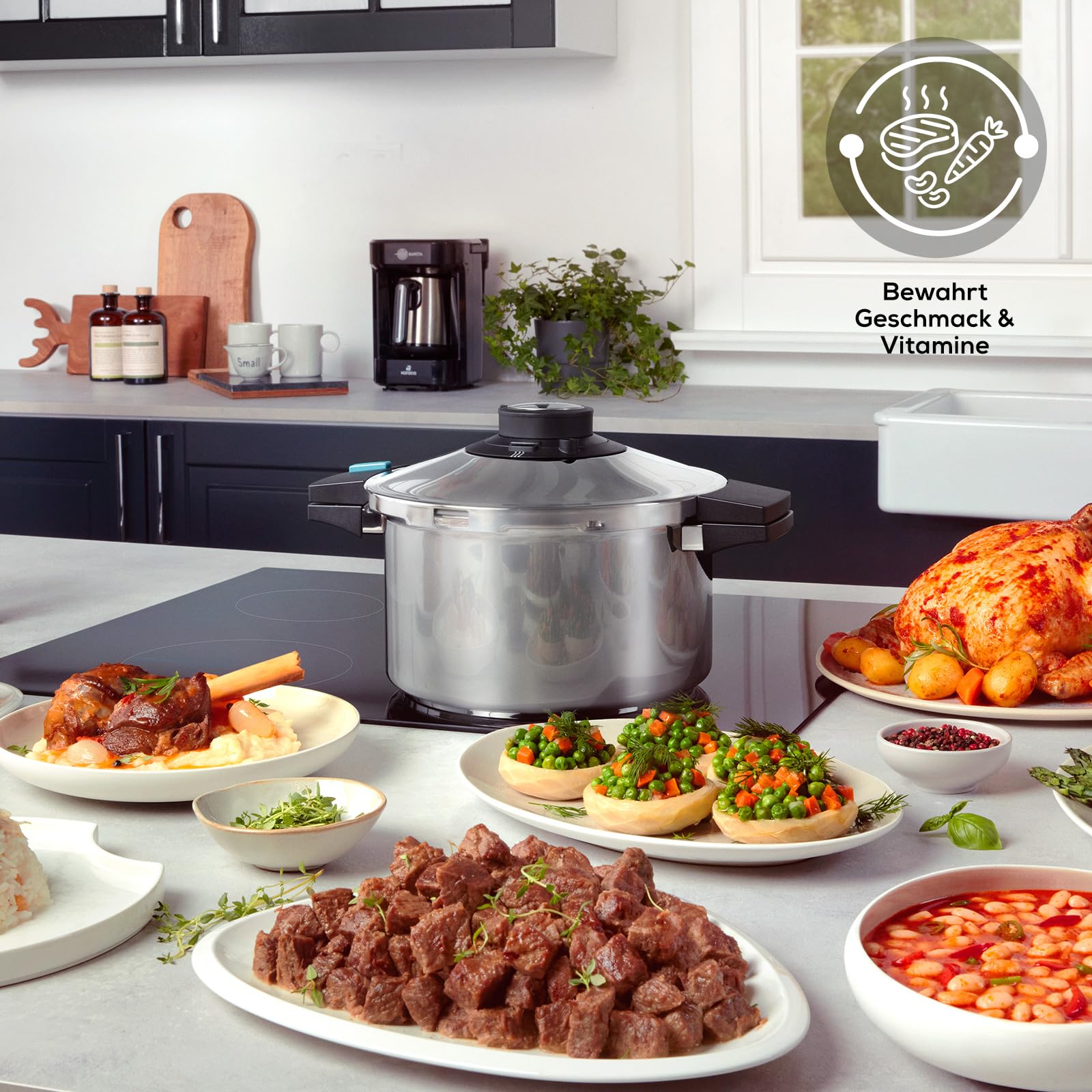 Karaca Quick and Safe Schnellkochtopf-Set 4+6 Lt, Ergonomische, nicht brennende Griffe und Aufsätze aus Edelstahl, Programm Suppen und Gemüse, Programm Fleisch und Hülsenfrüchte