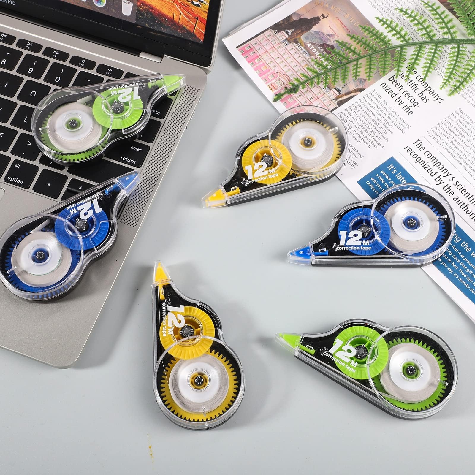 Yoosso 12 Pezzi Bianchetto a Nastro 12m x 5 mm Correttore a Nastro per Bambini Studenti Ufficio (Giallo + Blu + Verde)