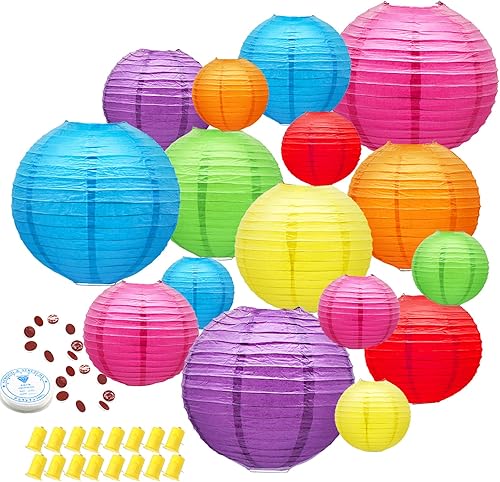 Faroles de papel colgantes decorativos, linternas de papel chinas coloridas arco iris, decoración de fiesta de techo con 16 luces LED para fiesta,