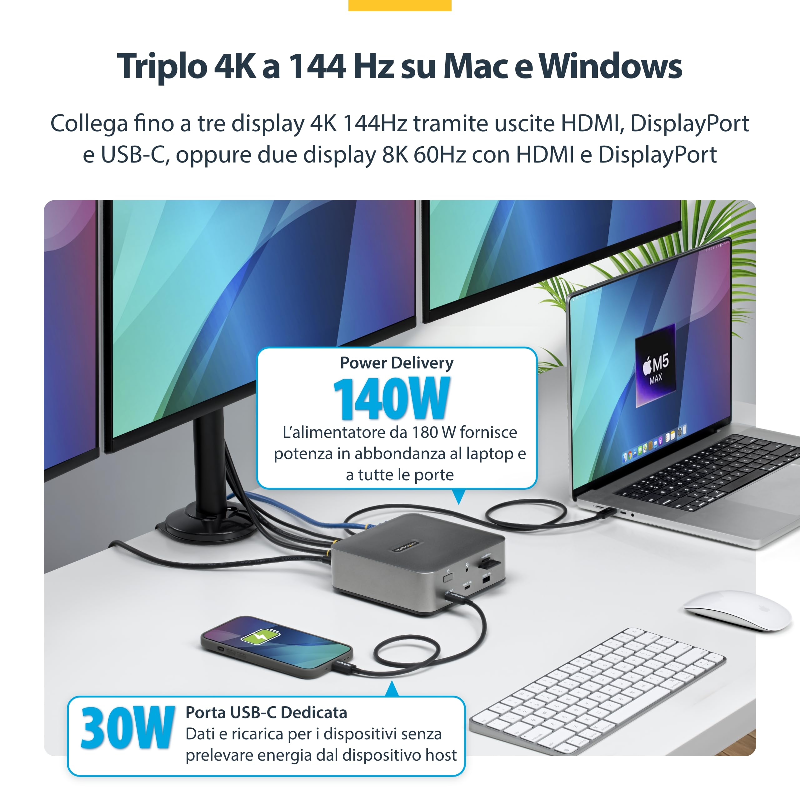 StarTech Dock Thunderbolt 5 USB4, Triplo 4K 144Hz, Doppio 8K 60Hz, 140W | Doppio 8K a 60Hz, Fino a doppio 6K 60Hz per Mac, Compatibile Windows e Mac, Power Delivery