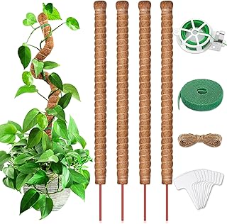 ROADPLUM 4 Pack 25" Moss Pole Coco Coir Poles, Bendable Plant Stakes Moss Pole for Plant Monstera with Twist Ties Plant Ties Labels Jute Rope, Plant Sticks Support for Climbing Plants Growth Indoor