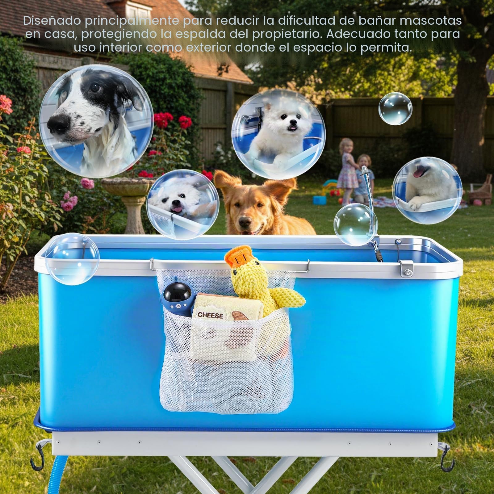 NEWTRY Bañera elevada para perros con desagüe, gran capacidad, plegable, altura ajustable, para perros y gatos pequeños y medianos (azul)
