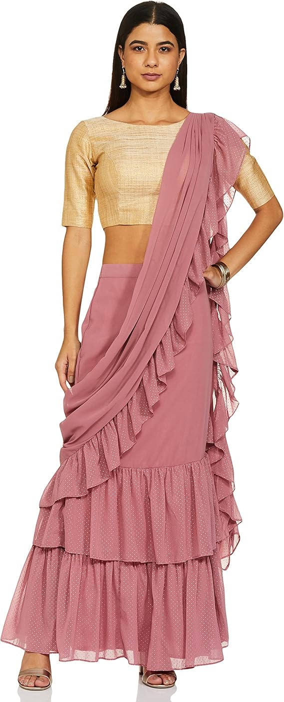 Women&#39;s Indian Ethnic Pink Mukaish Foil Ruffled Pre-Stitched Saree