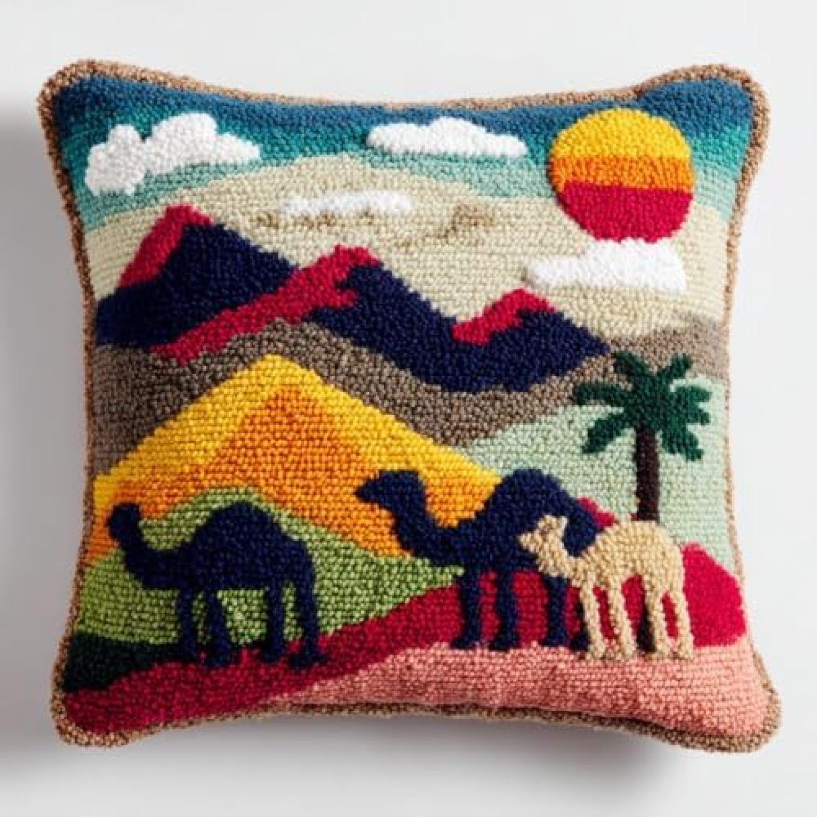 kitphoenix Beginner Latch Hook Cushion Cover Kit,Camel and Mountains,Adults DIY Embroidery Crochet Craft Kit with Pre-Cut Yarn and Printed Canvas,43x43 cm