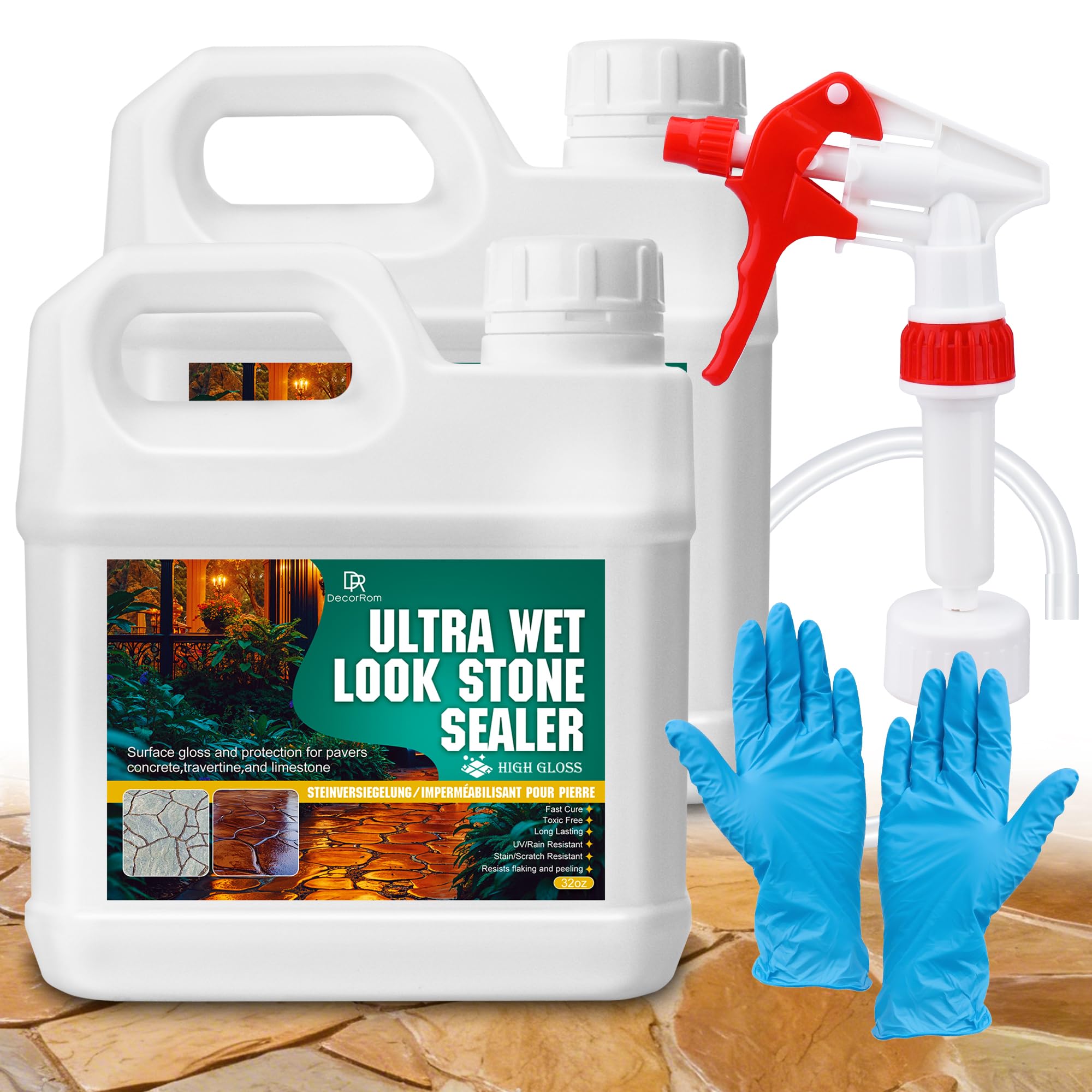 Wet Look Stone Sealer - 2L Concrete Sealer & Paver Sealer with High Gloss Finish, Stain Proof, Water Resistant & Long-Lasting Durable Protection for Driveways, Slate, Sandstone, Travertine