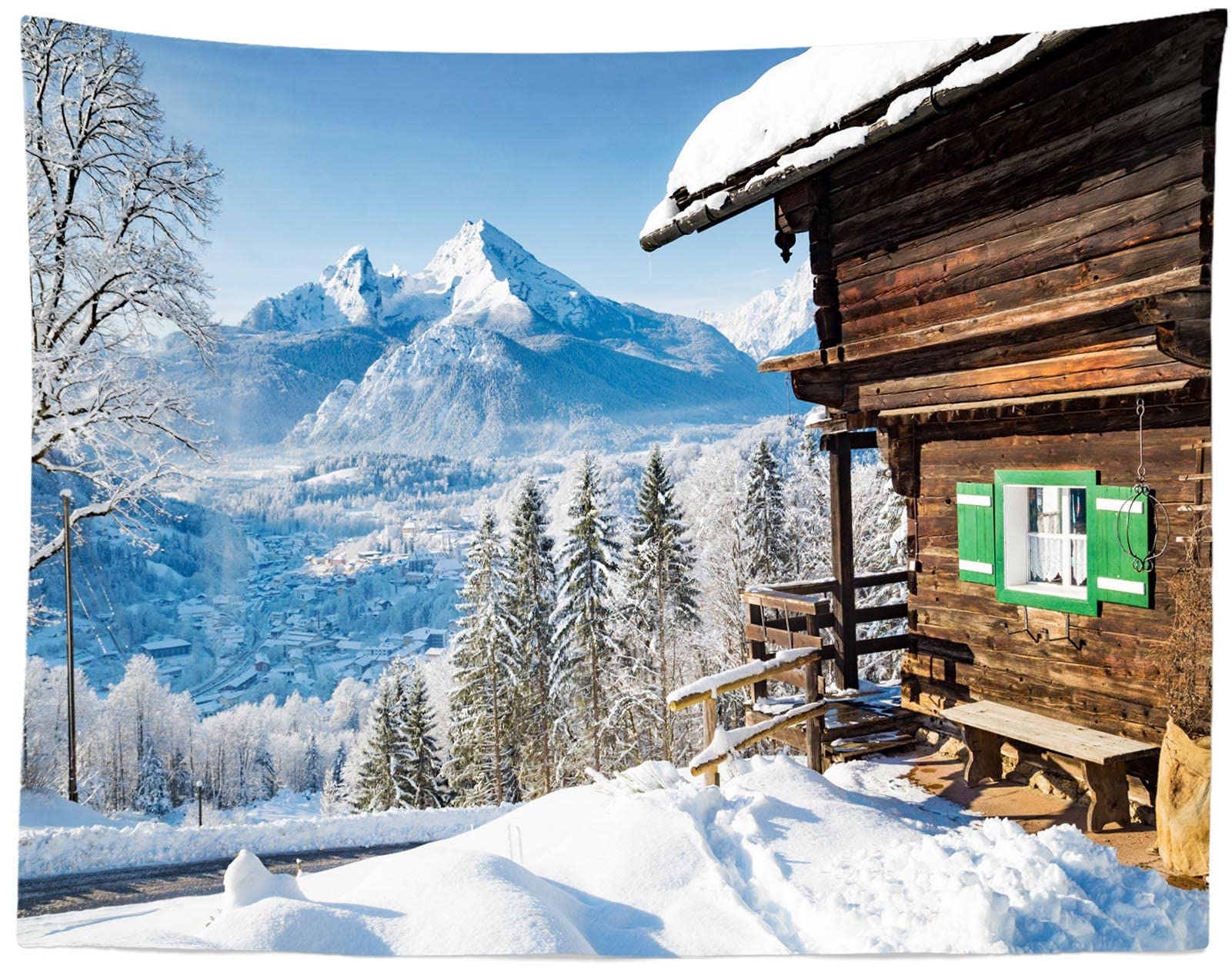 CORFOTO 210x150cm Winter Tapestry Wooden House Snow Mountain Village Winter Wall Art Bedroom Living Room College Dorm Home Decor Snow Scene Wall Art