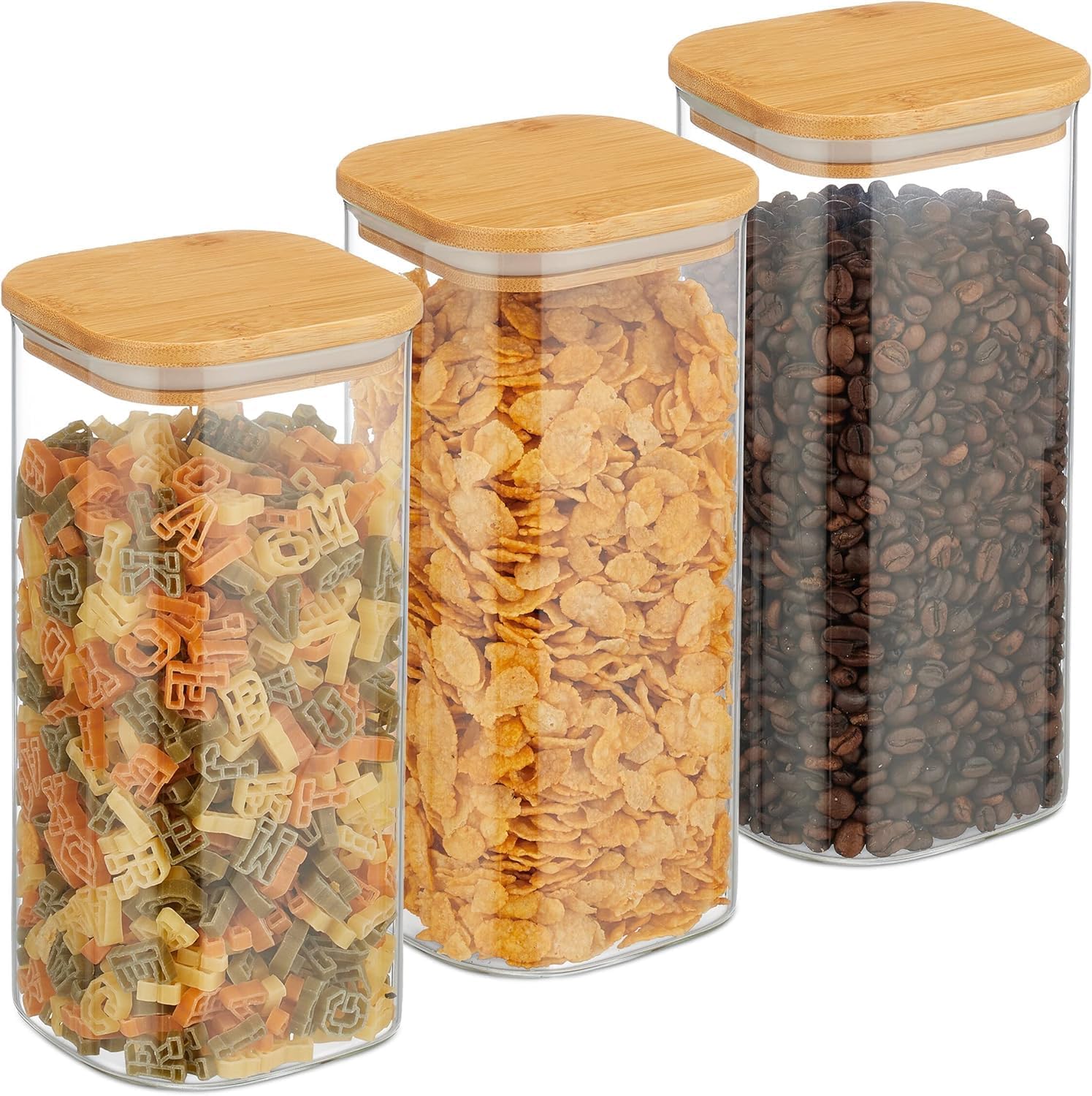 SKY-TOUCH Glass Food Storage Jars Containers set 1.5L,with Airtight Bamboo lids Set of 3,for Spices Noodles Flour Cereal Rice Sugar Tea Coffee Beans, Square (3 Pack, 1500ml)