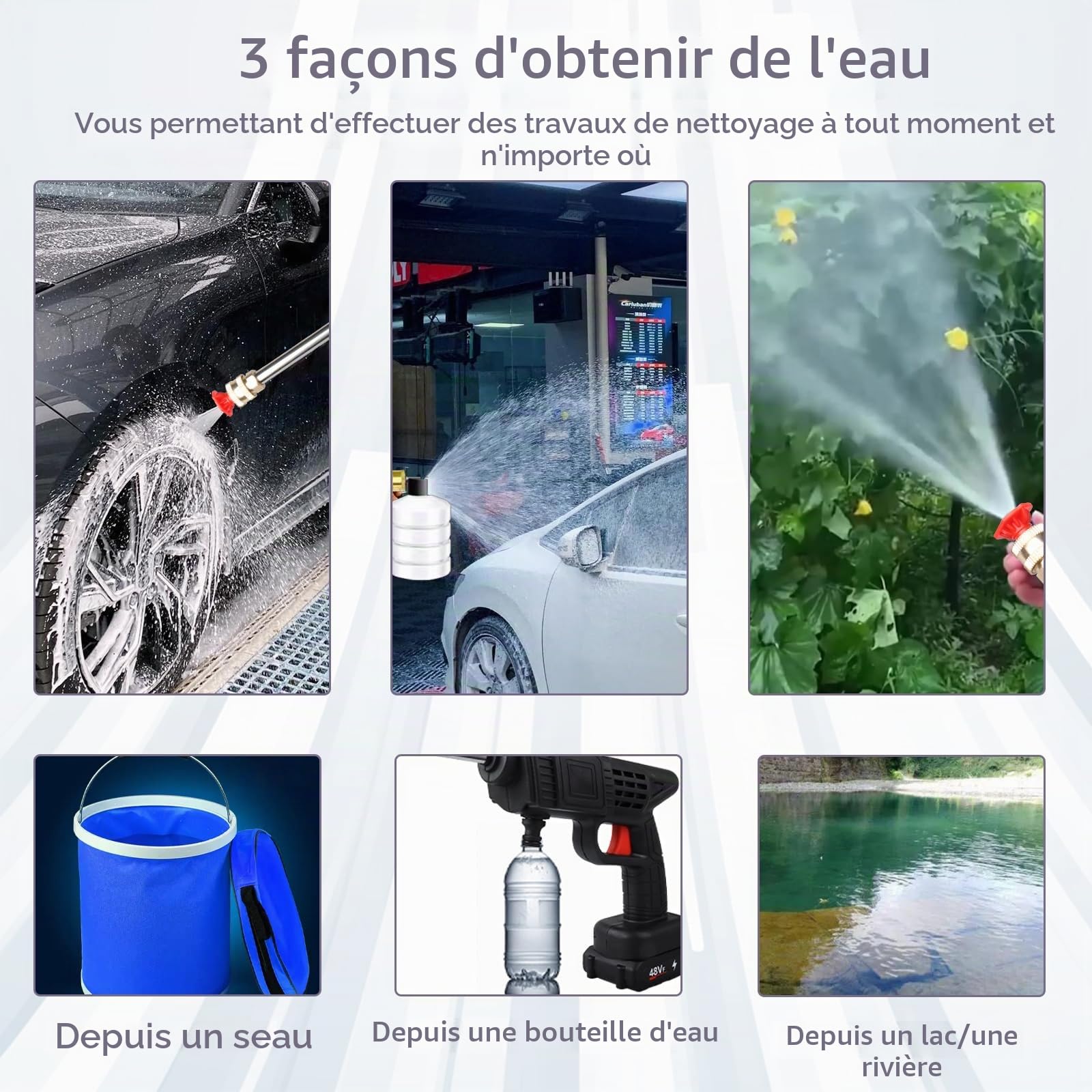 Nettoyeur Haute Pression Portable sans Fil 21V avec 2 Batteries et Buses pour Voiture/Jardin/Terrasse - Tuyau de 5M