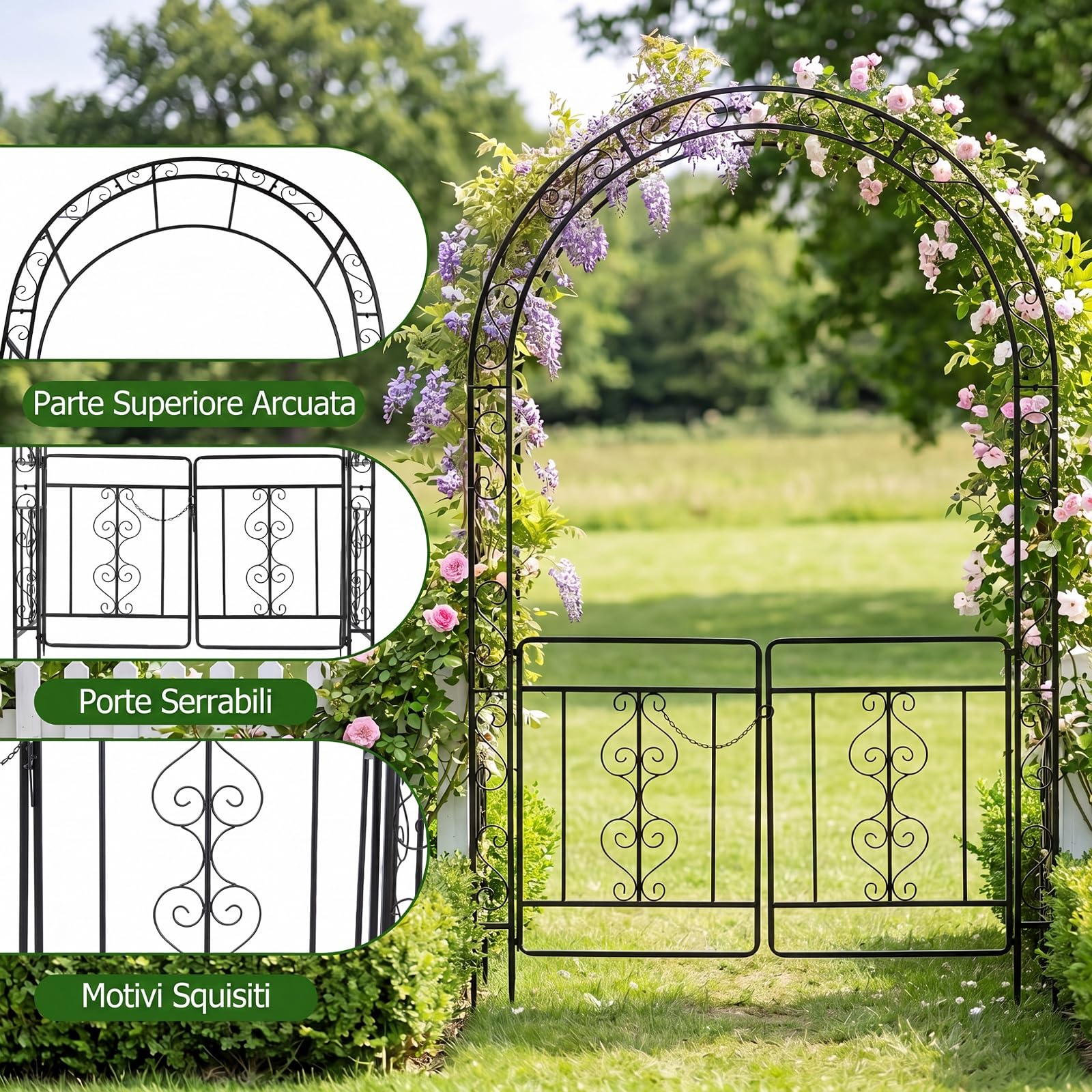 COSTWAY Arco da Giardino con Cancello, Pergolato per Piante Rampicanti | Pergola Decorativa in Metallo con Piedini a Punta e Chiusura, per Rose, Viti e Fiori da Matrimoni e Feste, 135x60x213 cm