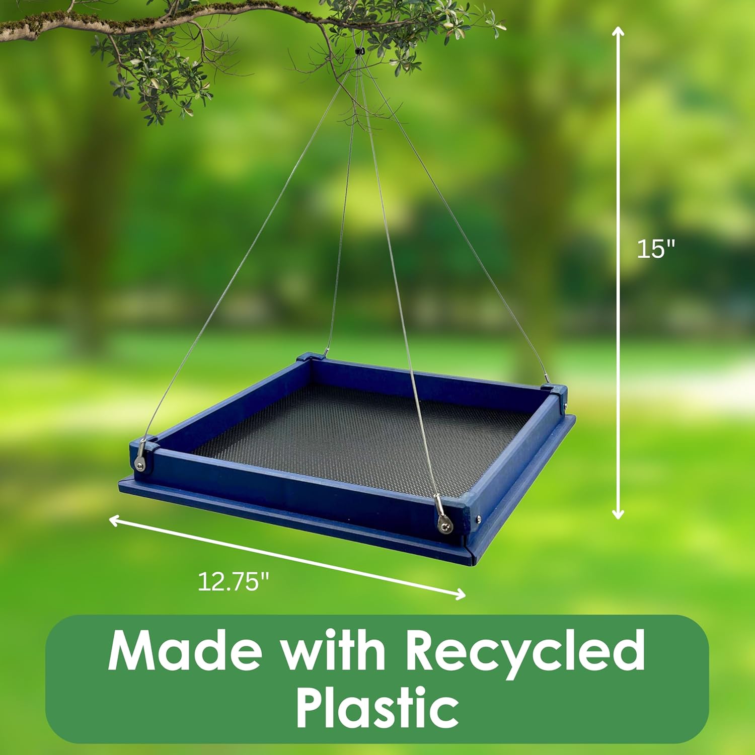 Hanging Platform Bird Feeder Tray - 12.5 inch Recycled Plastic Tray Feeder with Removable Perforated Drain Plate for Large Birds, Cardinals, Blue Jays & Mourning Doves