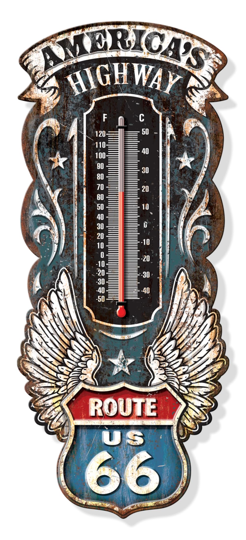 Desperate Enterprises Route 66 Thermometer 24 Gauge Steel Embossed Sign - Nostalgic Vintage Metal Signs for Garage or Man Cave - Made in The USA
