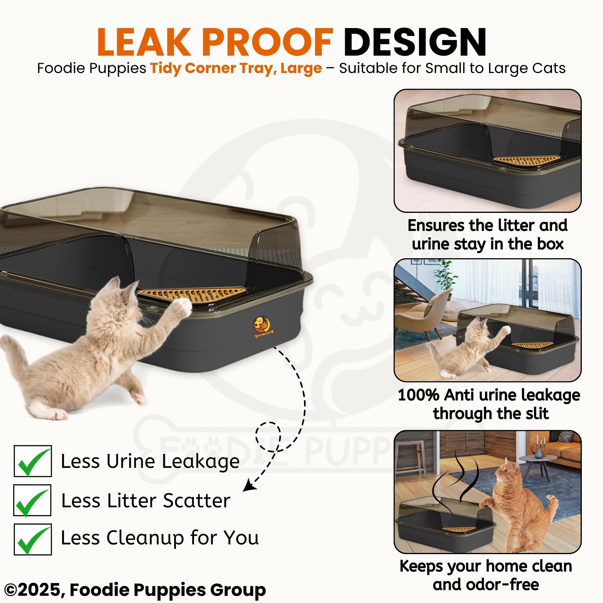 Foodie Puppies Litter Tray for Small to Large Cats - (Tidy Corner Tray, Large) (61 x 41 x 25 cm) | Basic Cat Tray with Free Litter Scooper, Semi Enclosed, Bedpan Potty, Toilet Training (Black) 1