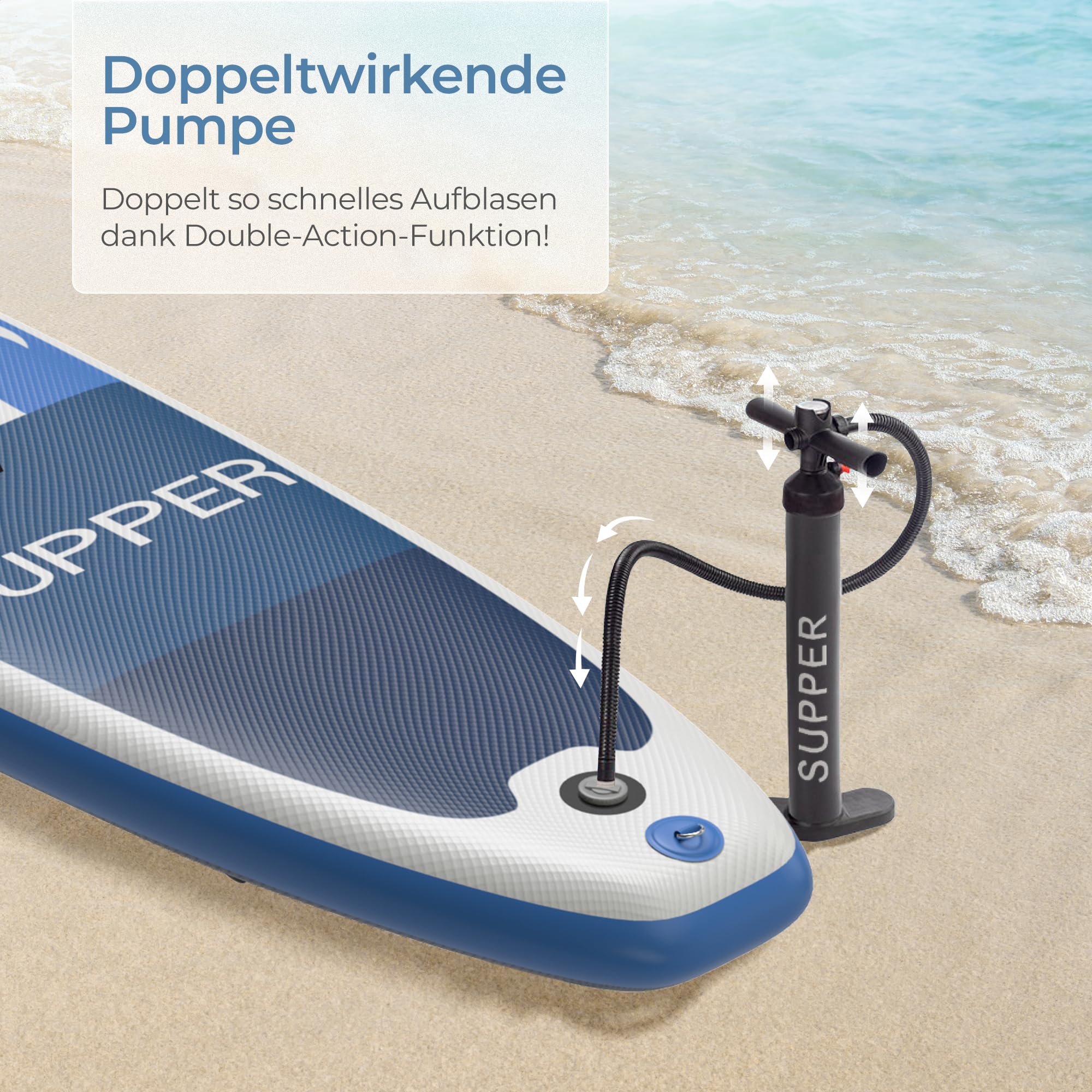 SUPPER Supper SUP Board XL – Max. 220 kg – Aufblasbar – Paddleboard – wasserdichte Handyhülle – Sitz – Pumpe – Finne – Leash – Tragetasche
