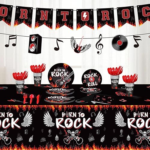 Miniatura 5 de Yaomiao 172 piezas de suministros de fiesta de rock sirven 24 carteles incluidos Born to Rock Notas Musical, cubierta de mesa de rock, platos de