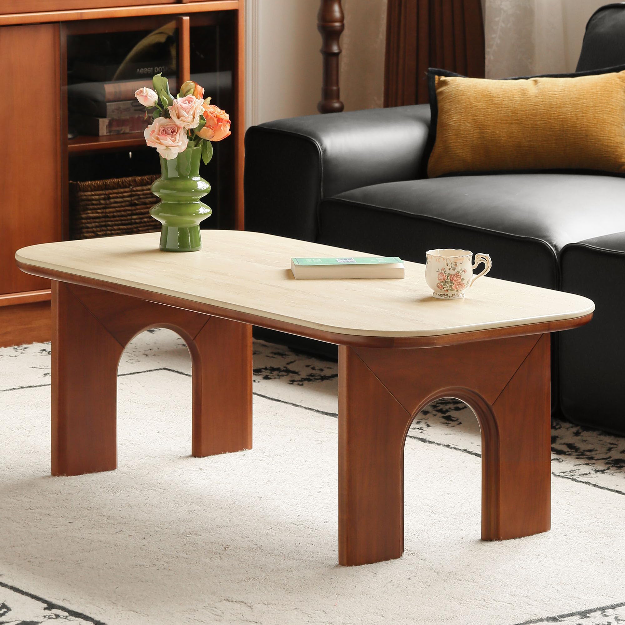 Table Basse Bois Massif Tulipier Travertin Moderne Salon 120x56cm