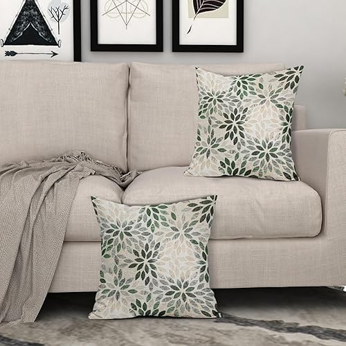 Miniatura 8 de Juego de 2 fundas de almohada de dalia verde de 18 x 18 pulgadas, fundas de almohada cuadradas decorativas de flores geométricas rústicas, fundas de