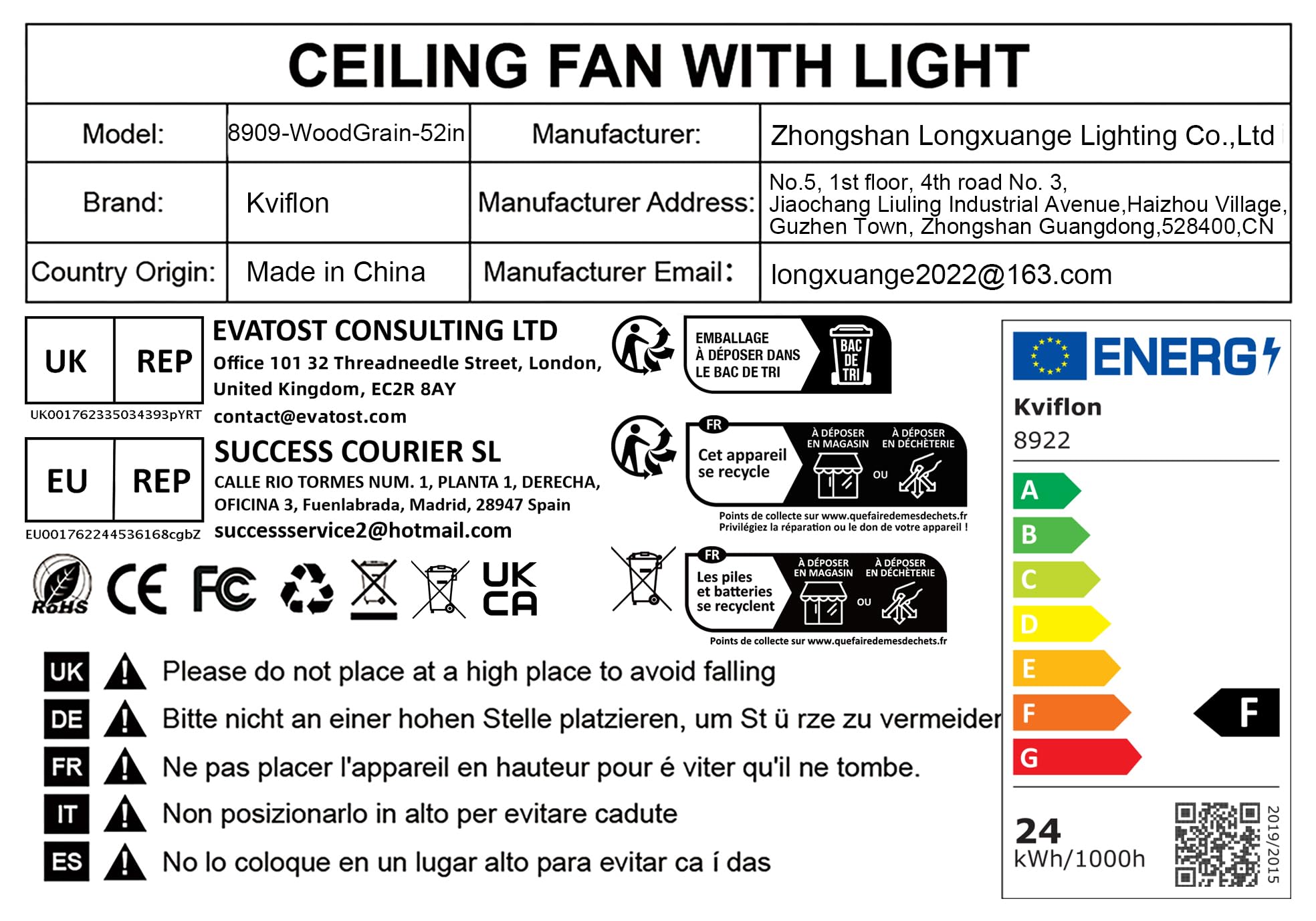 Kviflon 132 cm Moderno Ventilador de Techo con Luz, Diseño de Hoja de Palmera en Tono de Madera Clara, Control por Mando a Distancia o Aplicación, Reversibles, Zonas Exteriores Cubiertas.