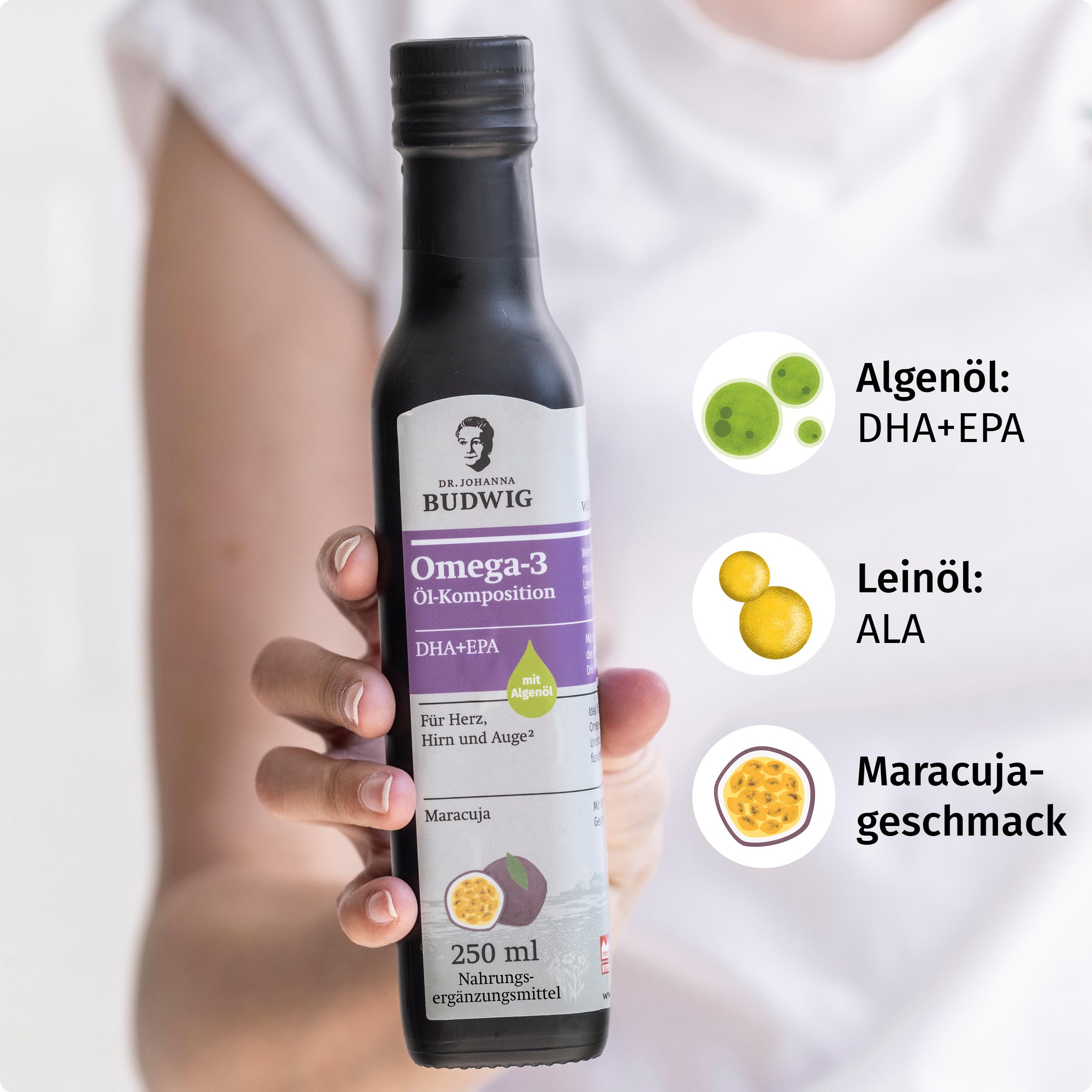 Dr. Budwig Omega-3 DHA+EPA Öl Maracuja (2x 250 ml) – pflanzliches Omega mit ALA – 97% Bio-Zutaten – 9,4 g Omega-3 pro Tagesportion – vegan