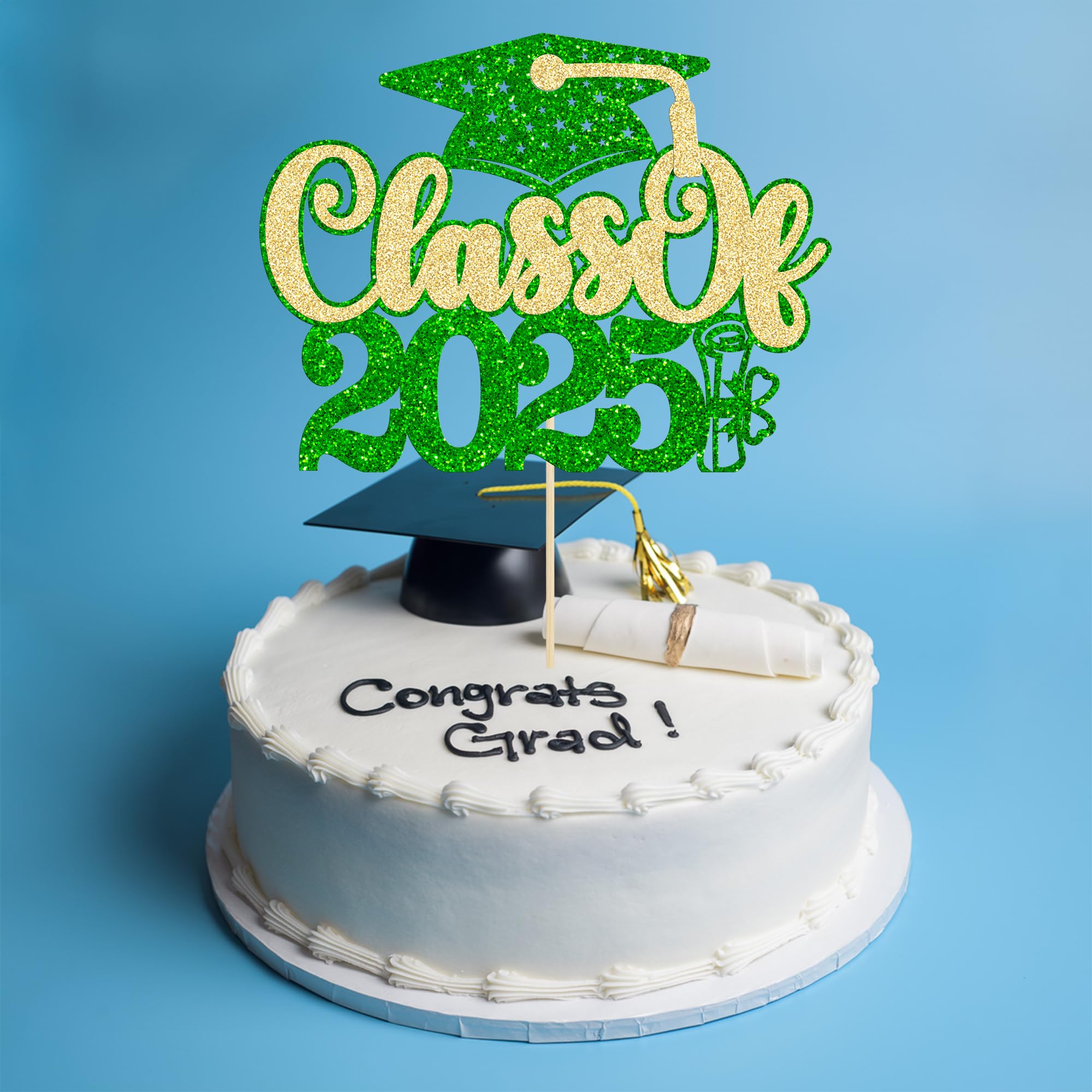 Gyufise 1Pc Class of 2026 Cake Topper Black Glitter 2026 Graduation Cake Pick Congrats Grad Cap 2026 Cake Decoration for 2026 College Graduation Theme Party Decorations Supplies Green Gold - Image 4
