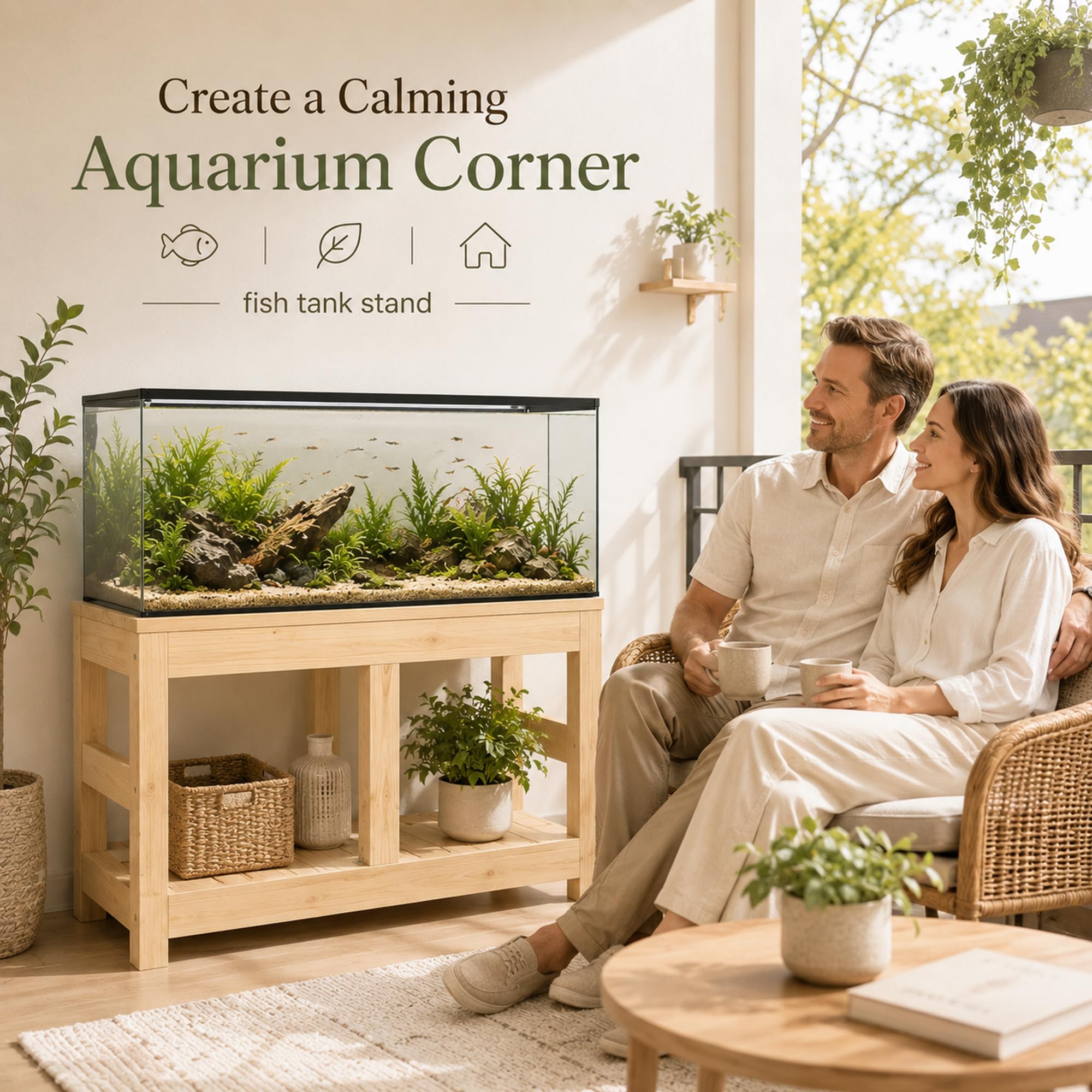 Supporto Acquario con Ripiano per 75–133 Galloni, Tavolo in Pino Massello