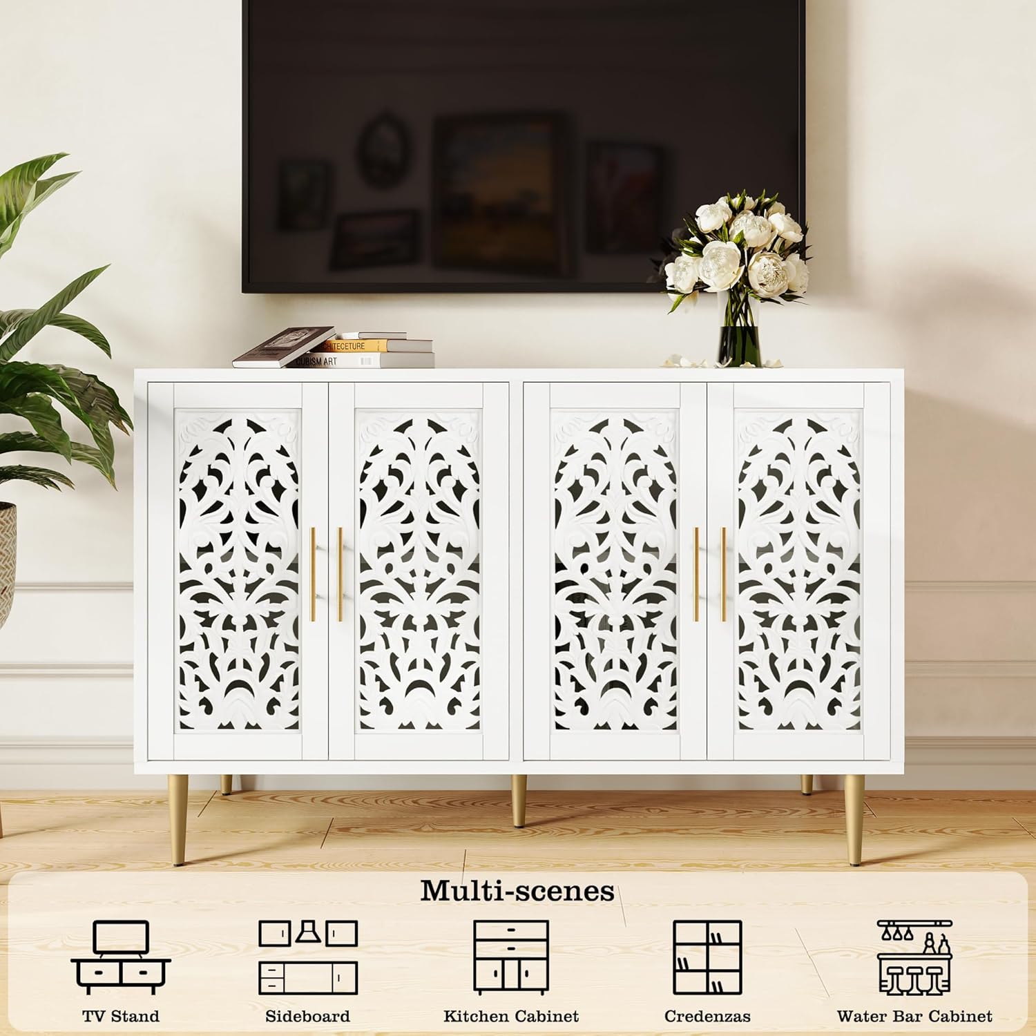 ARTPOWER 47.8" Accent Cabinet with 4 Doors, Vintage Hollow Carving Buffet Cabinet, Sideboards and Buffets with Storage, Credenza for Living Room, Kitchen, Dining Room, Entryway, Hallway, White