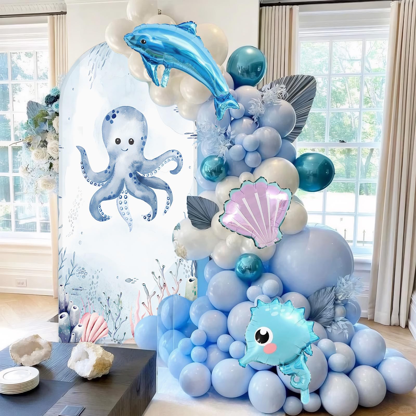 AIBIIN 100 x 210 cm sottomarino a forma di arco marino sfondo sotto il mare tema polpo arco copertura per Birthda Baby Shower torta Smash Party Decor