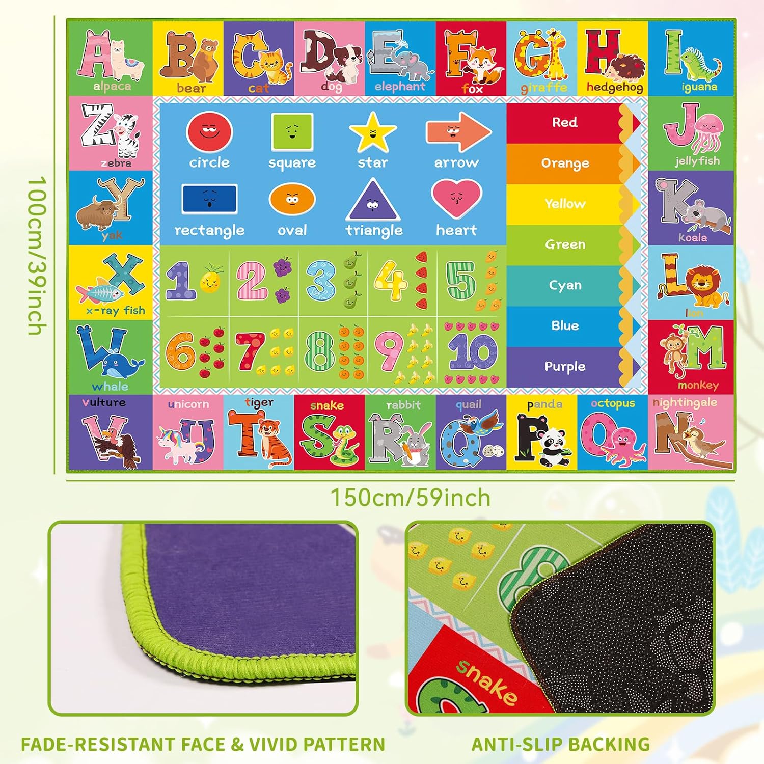 Kids Rug for Playroom, ABC Carpet Educational Play Mat for Kids, Preschool Rugs ABC Numbers Animals Learning Carpet for Playroom Classroom Bedroom, Toddler Rug Play Mat (Green, 59X39.4 INCH)
