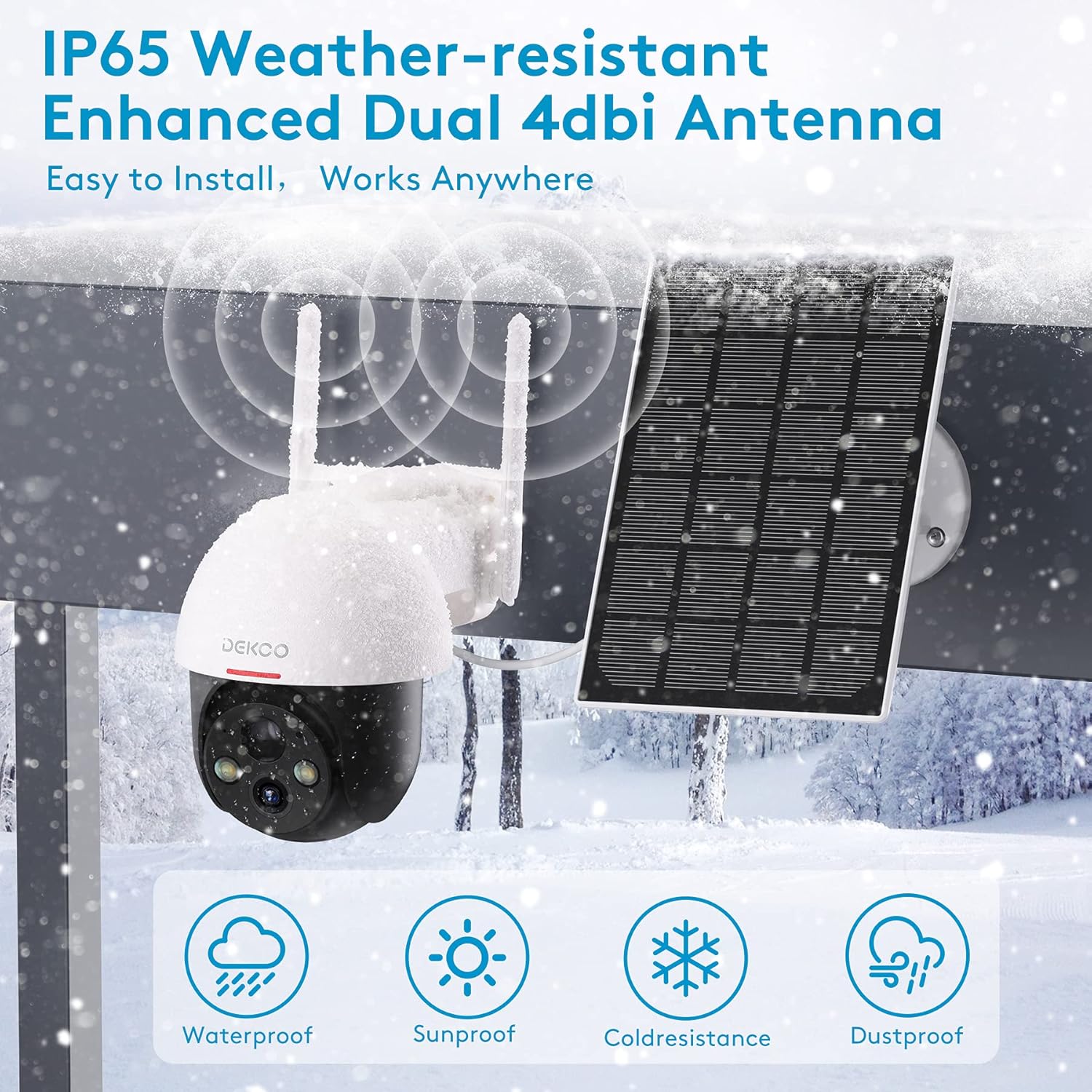 DEKCO Solar Security Camera covered in snow, illustrating its IP65 weather-resistant design and dual antennas.