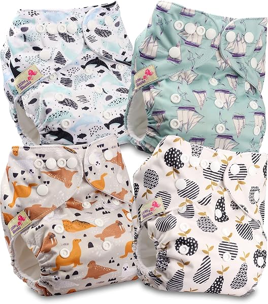 Littles & Bloomz Lot de 4 Bébé Couches Réutilisables en Tissu Couche Lavable à Poche avec Bouton Pression, FLP2-0406 - 1