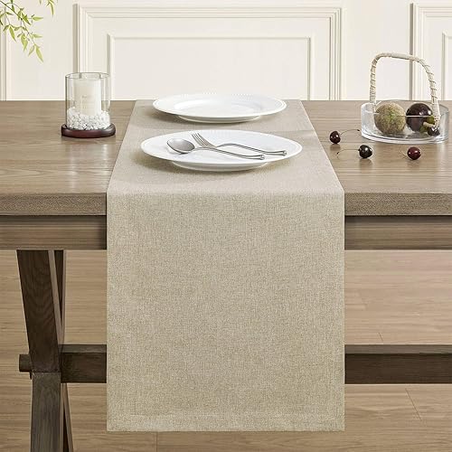Miniatura 2 de ZeeMart Camino de mesa básico de lino estilo rústico, 14 x 72 pulgadas Natural Chambray, Caminos de mesa de estilo granja neutral beige rústico de
