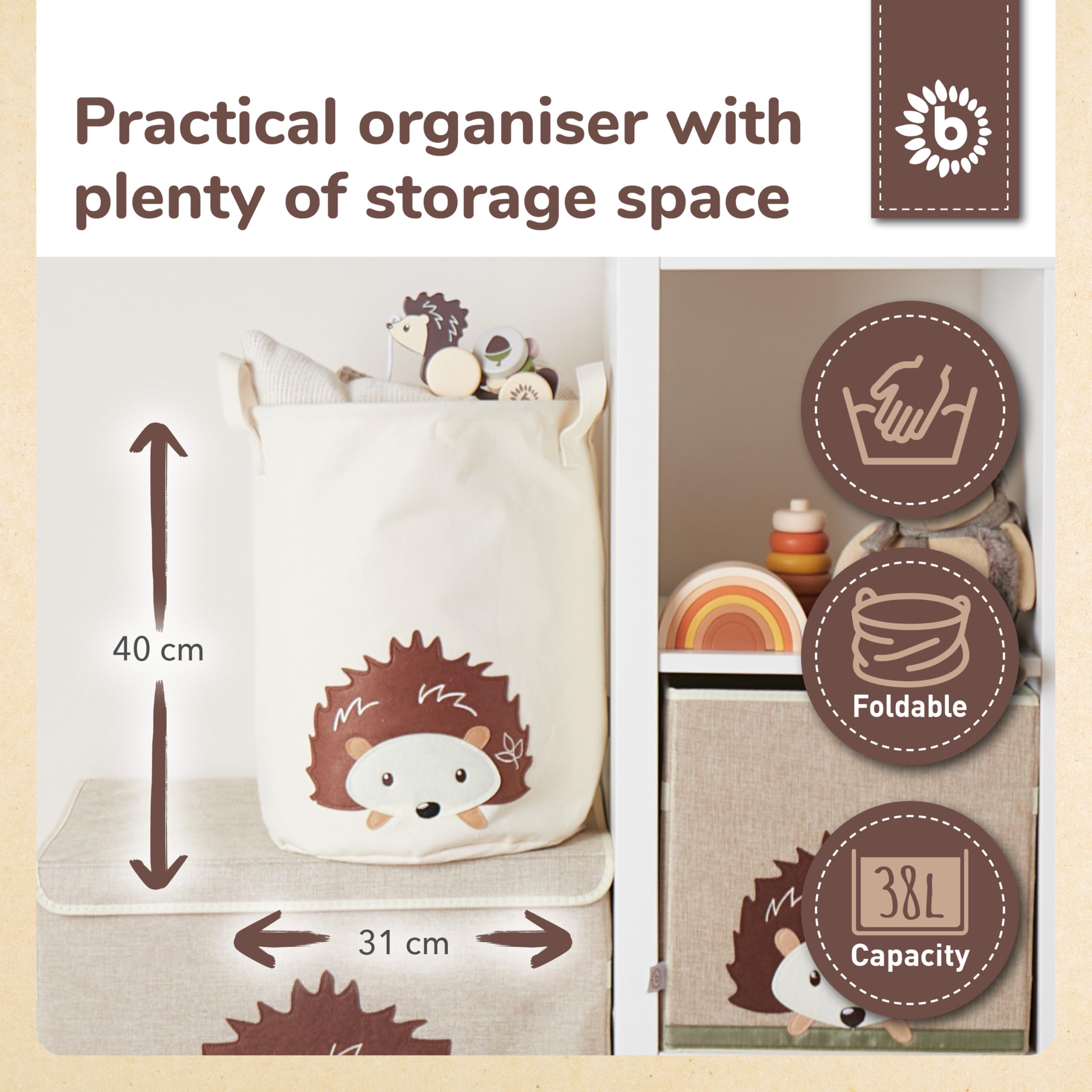 Bieco Laundry Basket Baby Hedgehog Large Storage Basket Children Cotton and Water-Repellent Storage Nursery Laundry Basket Children's Room Girls Toy Basket - Image 3