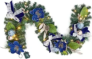 GarveeHome 6ft Christmas Garland with Lights for Mantle, Prelit Outdoor Xmas Garland with 20 LED Lights Timer Blue Ball Ornaments, Battery Operated, for Fireplace Stair Railing Indoor Holiday Decor