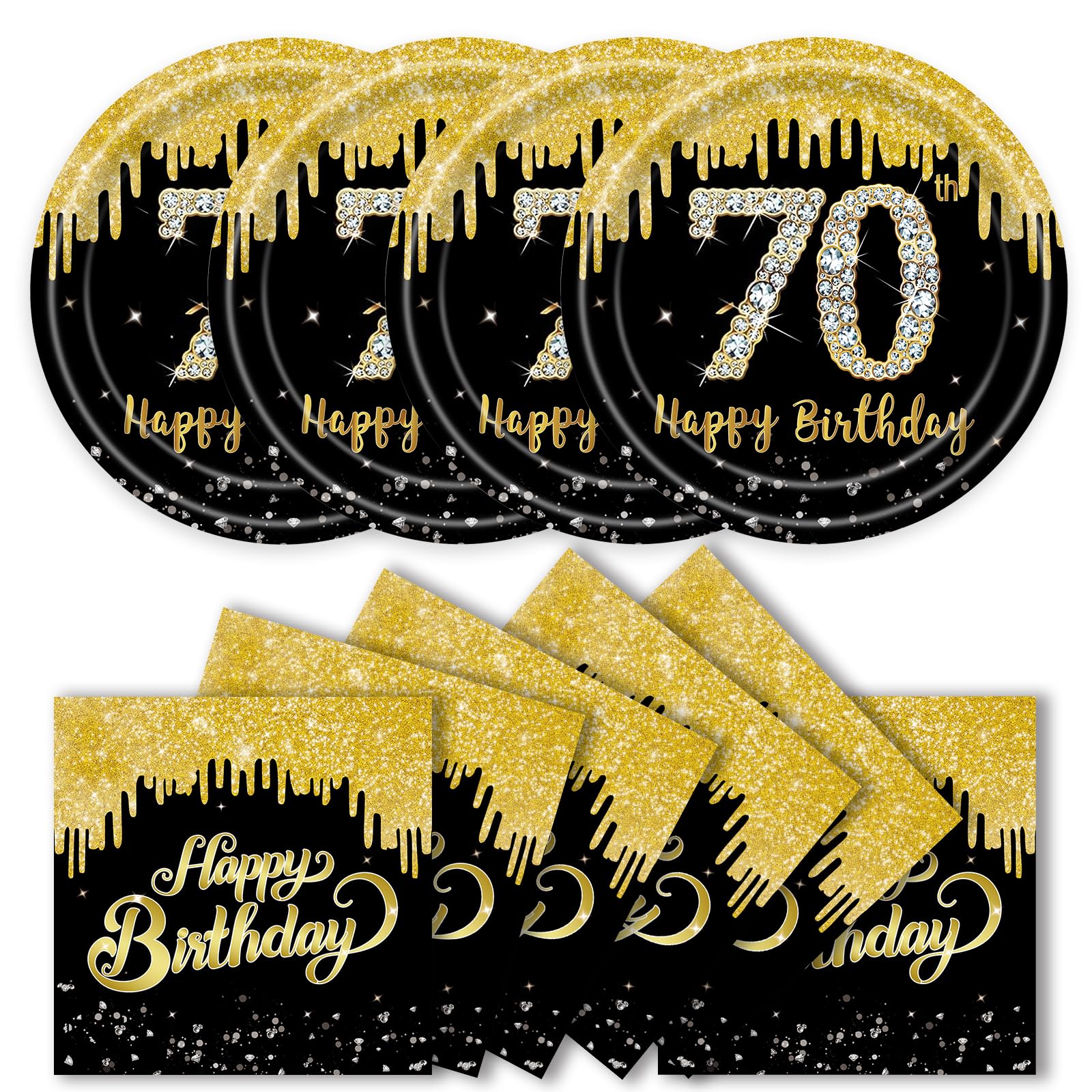 KFJBPB 40 Pcs 70th Birthday Plates and Napkins Party Supplies, Back Gold 70th Birthday Party Dinner Plates Napkins Tableware Set for Men Women Cheers