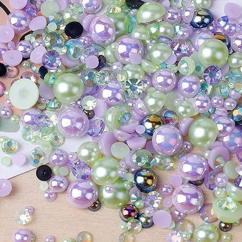 Miniatura 5 de 1100 perlas planas y diamantes de imitación, diamantes de imitación de resina de color AB de tamaño mixto de 0.116 a 0.394 pulgadas, medias perlas