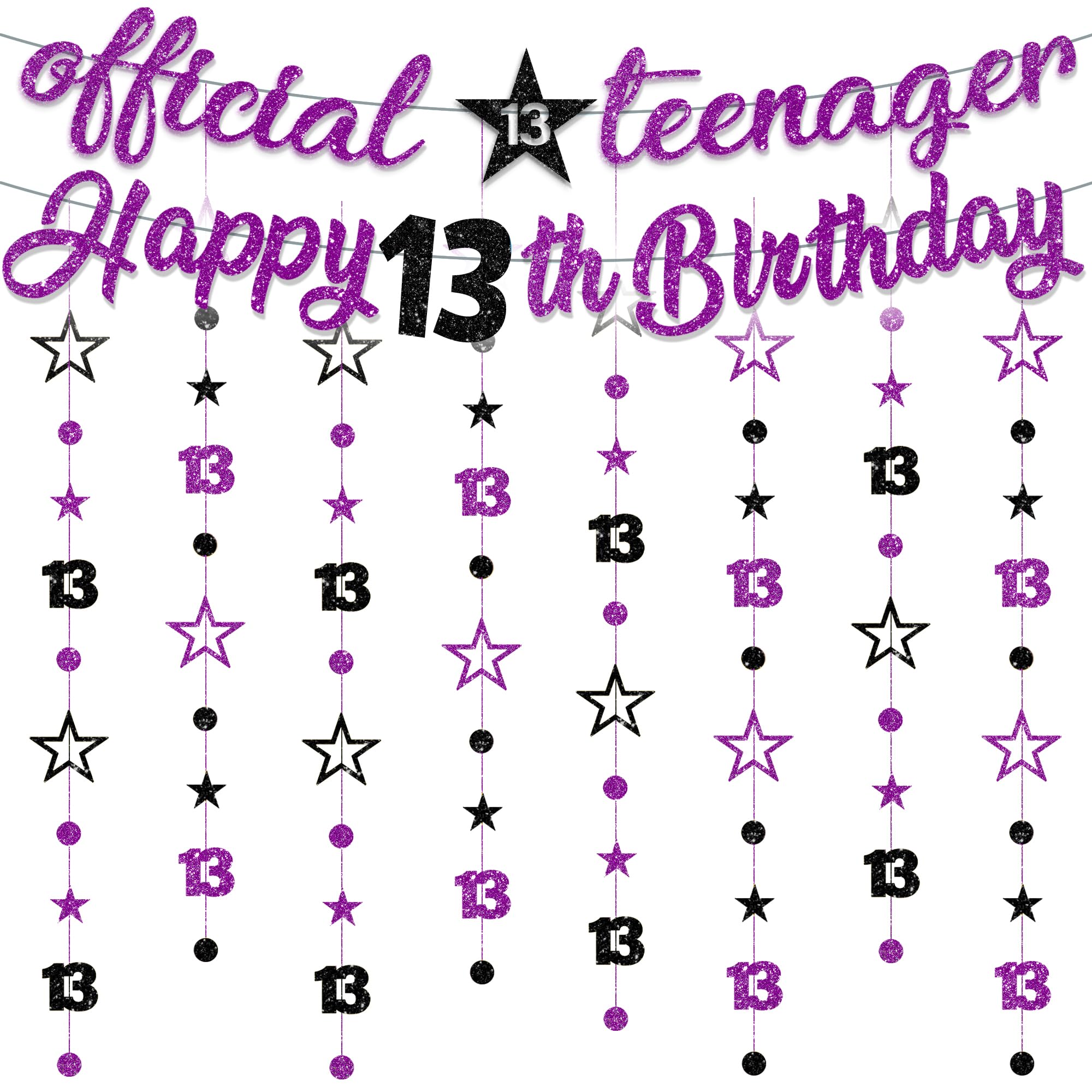 13th Birthday Decorations Banner Girls - 10 Pcs Pre-Strung Purple black Glitter Official Teenager Banner Star Garland Twinkle Hanging Streamer Bunting Backdrop For 13 Years Old Party Decor