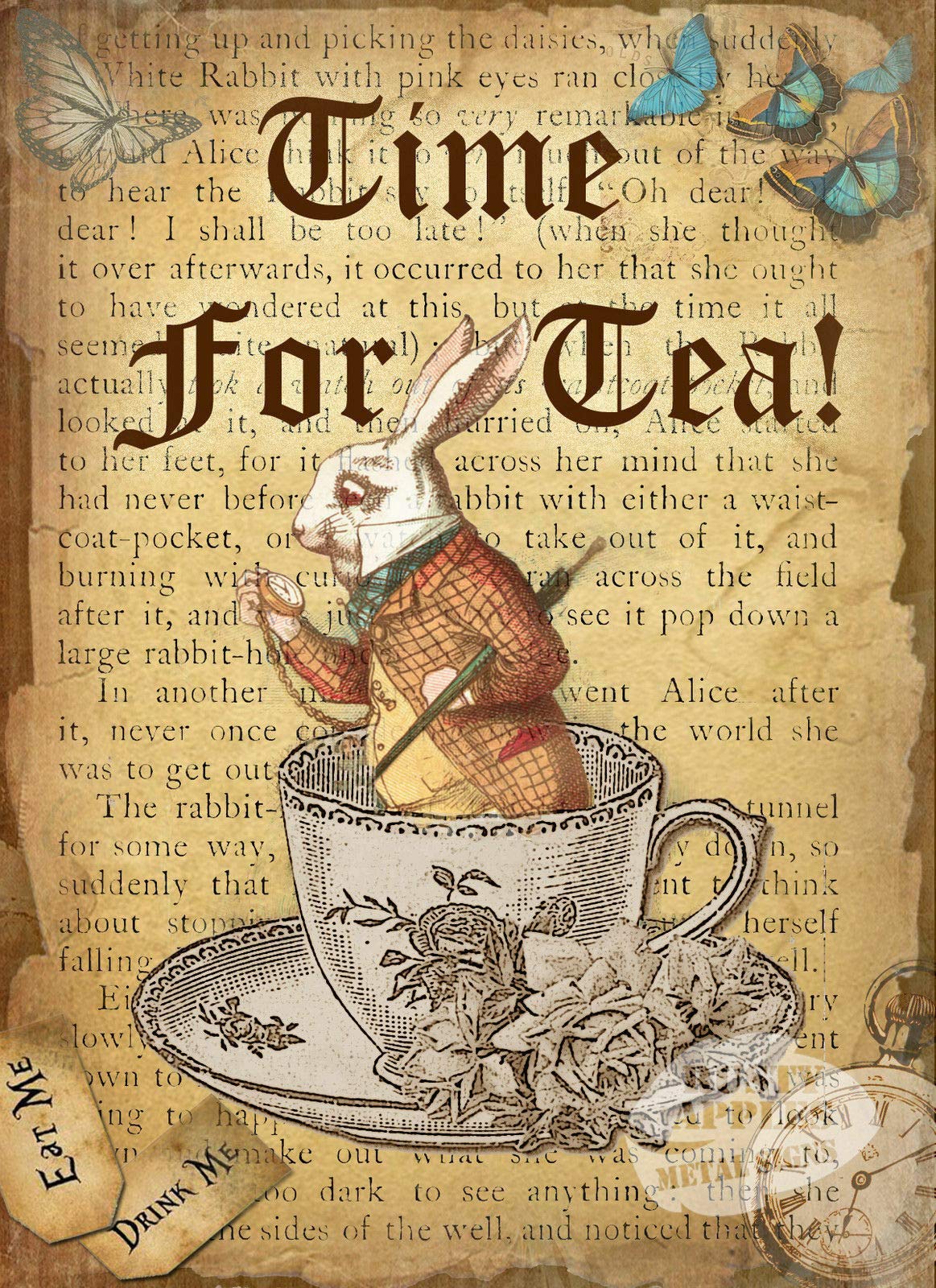 The Rusty Apples Metal Sign Co Earth Tones Alice In Wonderland Time For Tea Quote – Vintage - Style Metal Sign – 3 Sizes To Choose – Home Decor – Unique Gift (8” X 6” 200 X 150 Mm)