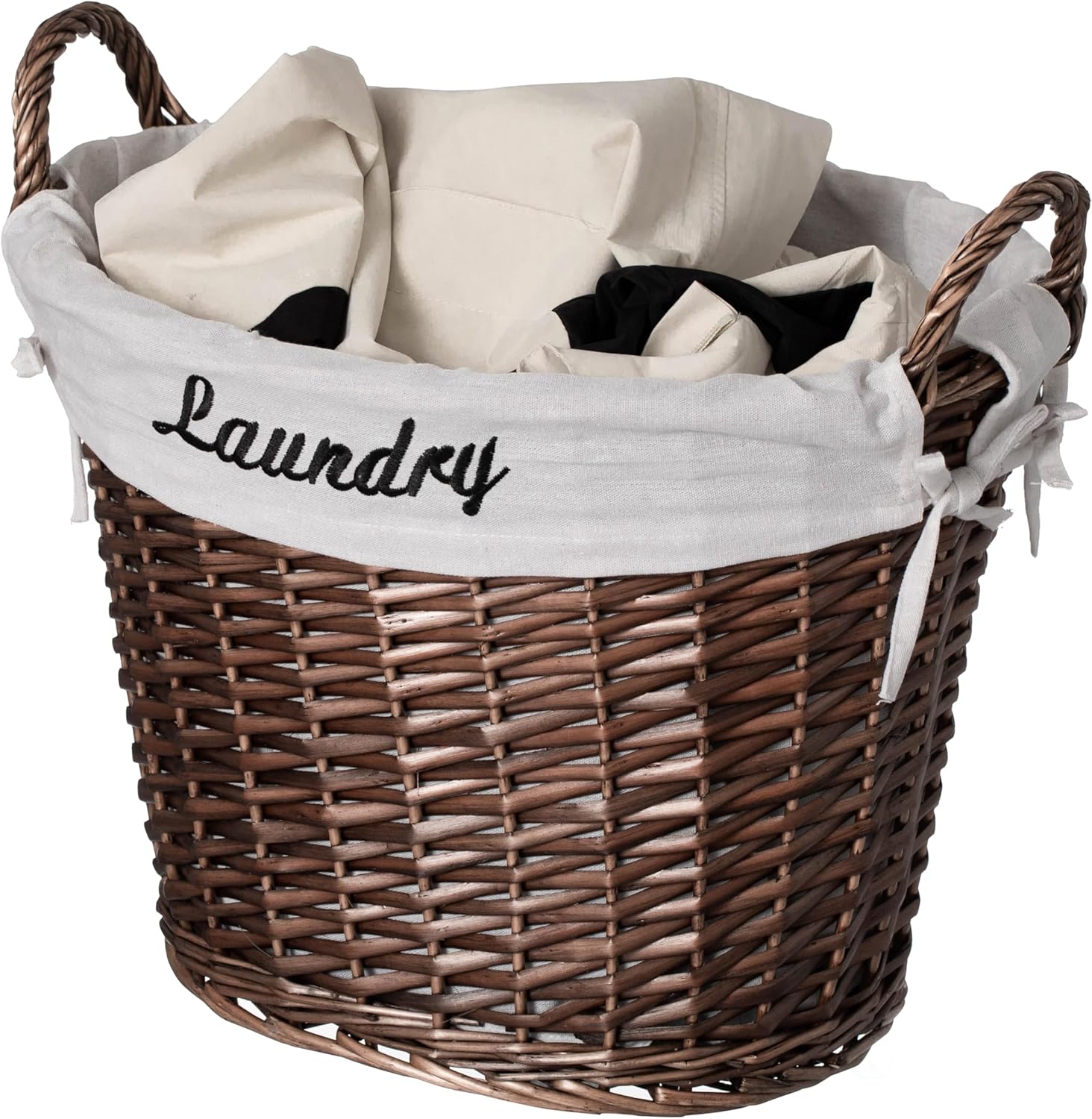 Handwoven Brown Wicker Laundry Hamper with Liner and Handles