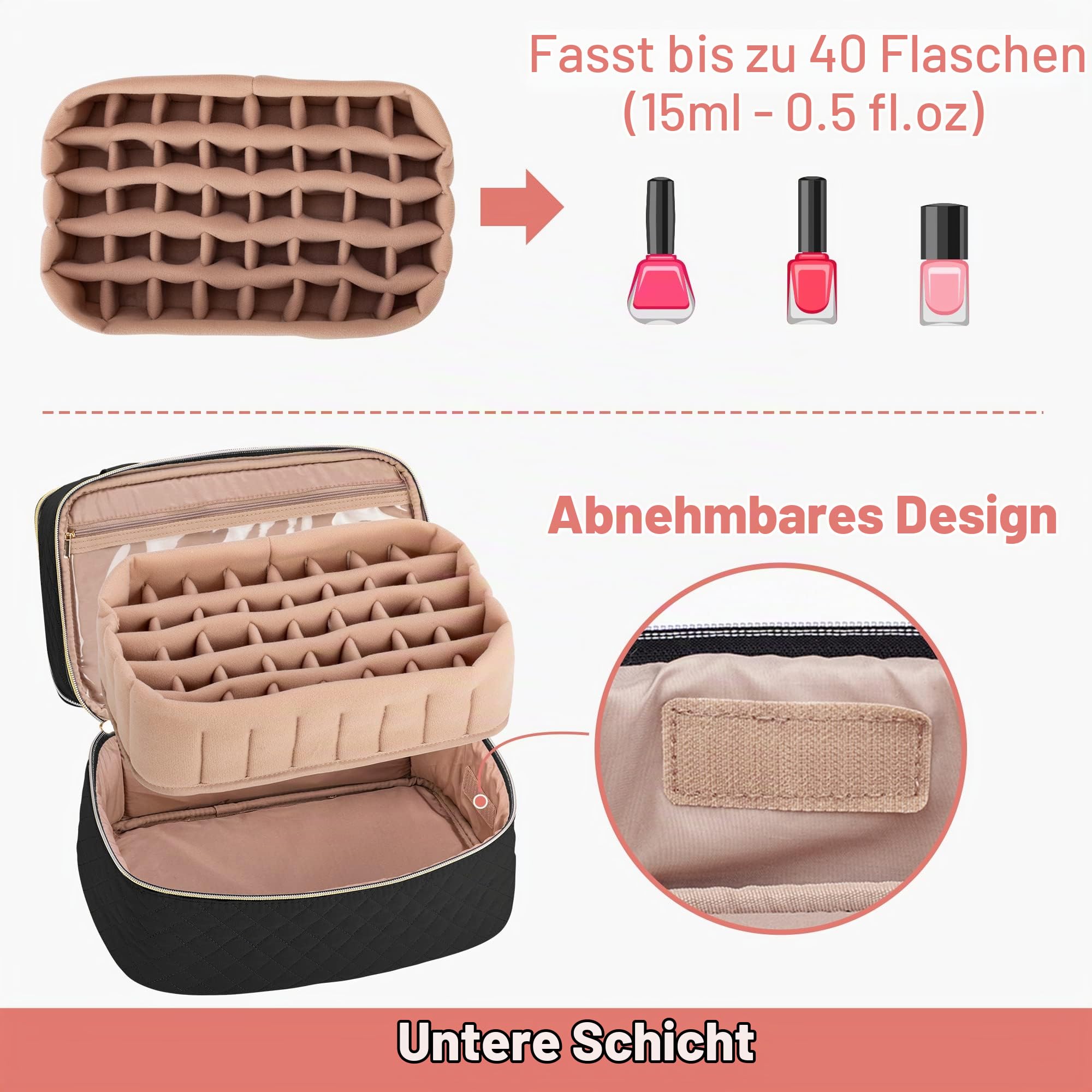 Yarwo Nagellack Tasche Organizer für 50 Flaschen und Nagellampe, Schwarz