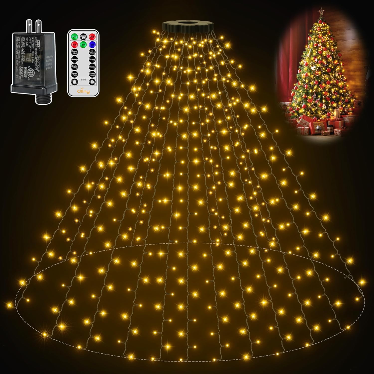 NOT TESTED Ollny Christmas Tree Lights 8.2ft*16 Strings with Ring, 8 Lighting Modes 3 Timers Dimmable Christmas Lights Indoor/Outdoor with Remote, Waterproof for Xmas Decor (Warm White)