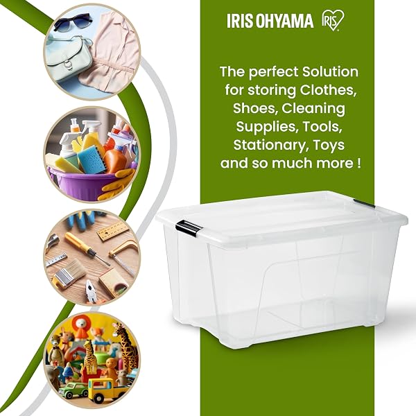 Iris Ohyama, Boite Rangement Plastique avec Couvercle, 45L, Lot de 3, Transparent, 98% en Plastique Recyclé, Clips de Fermeture, Poignée, Empilable, pour Chambre, Dressing, Bureau, Sans BPA, BSB-45 - 5