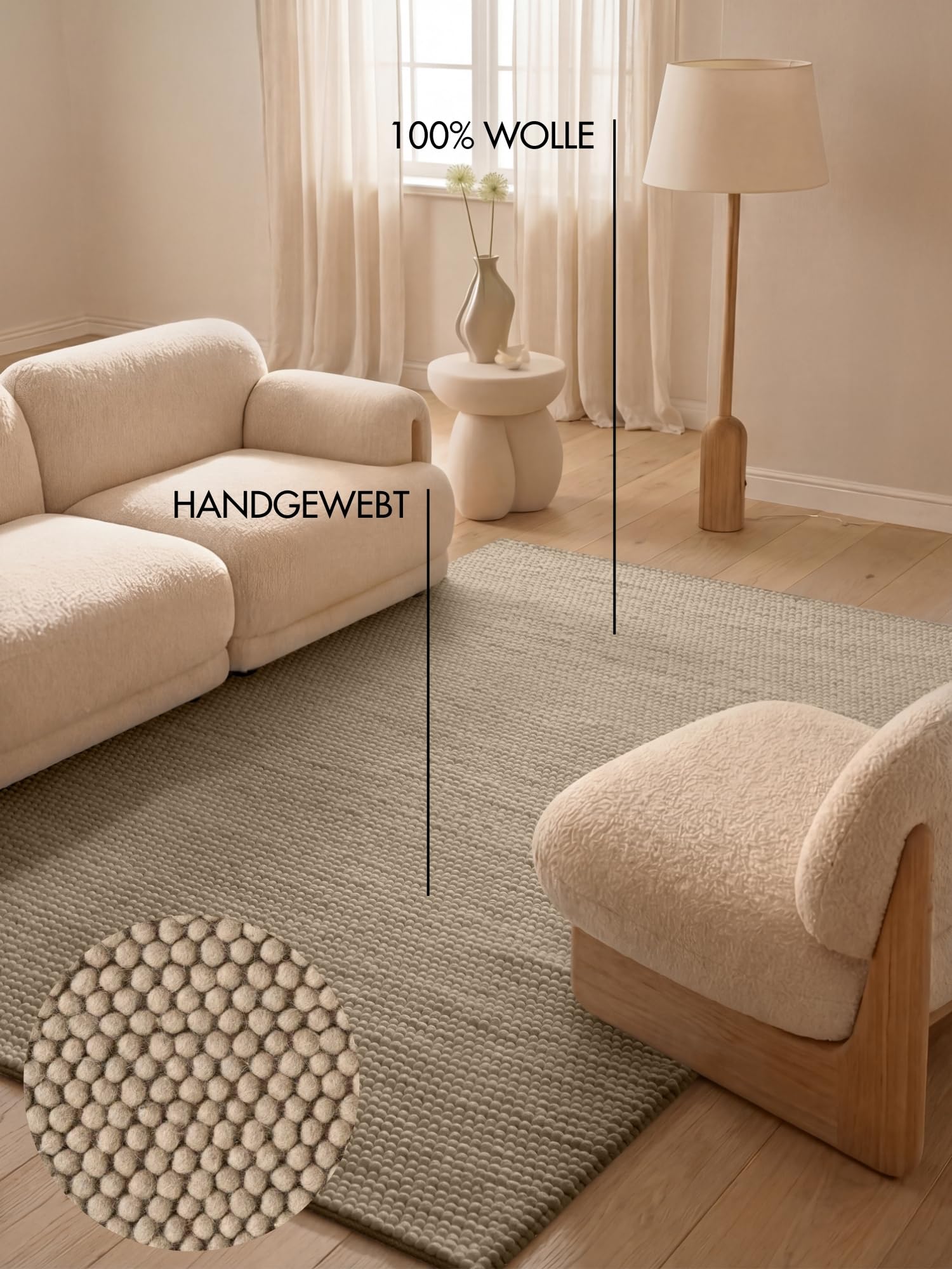 Ted Baker Wollteppich Diana - Natürlicher Wohnzimmerteppich, 100% Wolle, Handgewebt & Zeitlos, Naturfaser Teppich, Skandi Look für Wohnzimmer, Schlafzimmer, Esszimmer – Beige, 200x300 cm