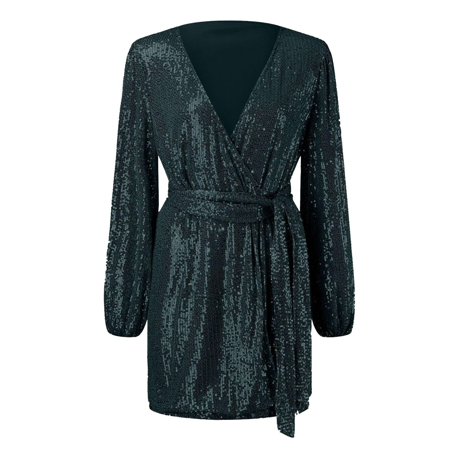 Generisch Vestido de lentejuelas para mujer, con cuello en V, brillante, sexy, elegante, vestido de fiesta, manga larga, vestido de fiesta, vestido de cóctel ajustado con volantes, vestido de carnaval
